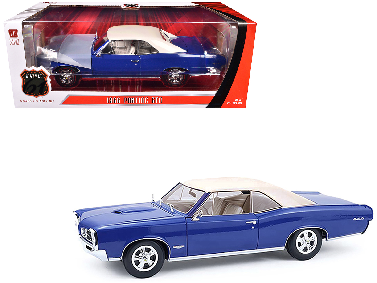 1966 Pontiac GTO Barrier Blue with White Top and Interior 1/18 Diecast Model Car by Highway 61
