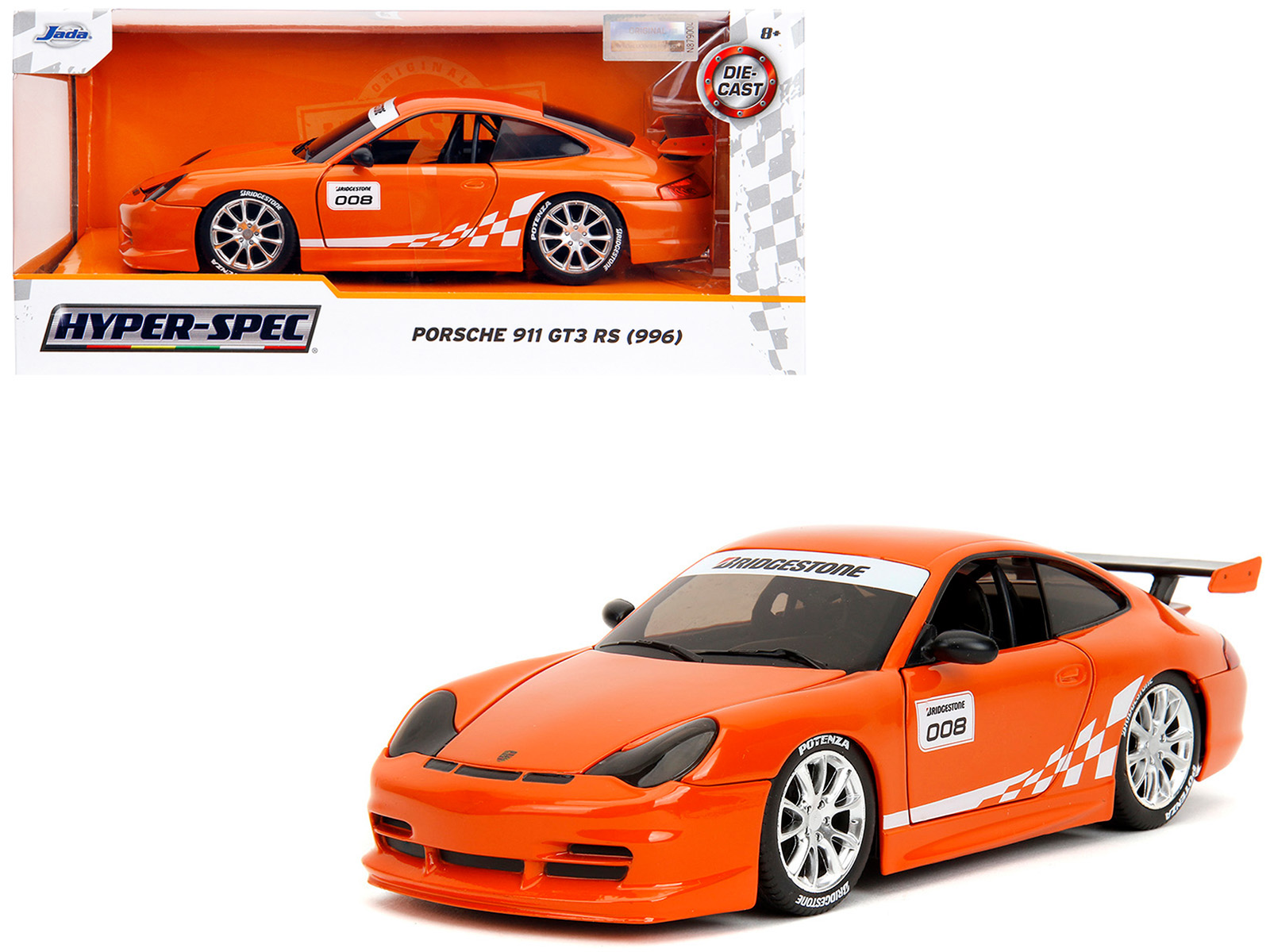 Porsche 911 GT3 RS (996) #008 "Bridgestone" Orange Metallic with White Graphics "Hyper-Spec" Series 1/24 Diecast Model Car by Jada