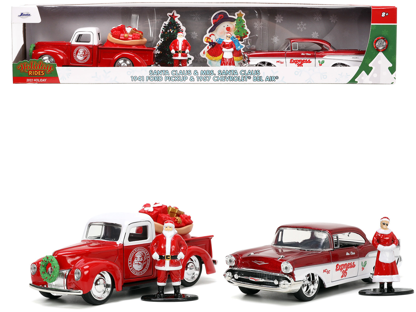 1941 Ford Pickup Truck Red and White "Santa's Workshop" and 1957 Chevrolet Bel Air Red Metallic and White "Express 25" with Mr. and Mrs. Santa Claus Diecast Figures "Holiday Rides" Series 1/32 Diecast Model Cars by Jada