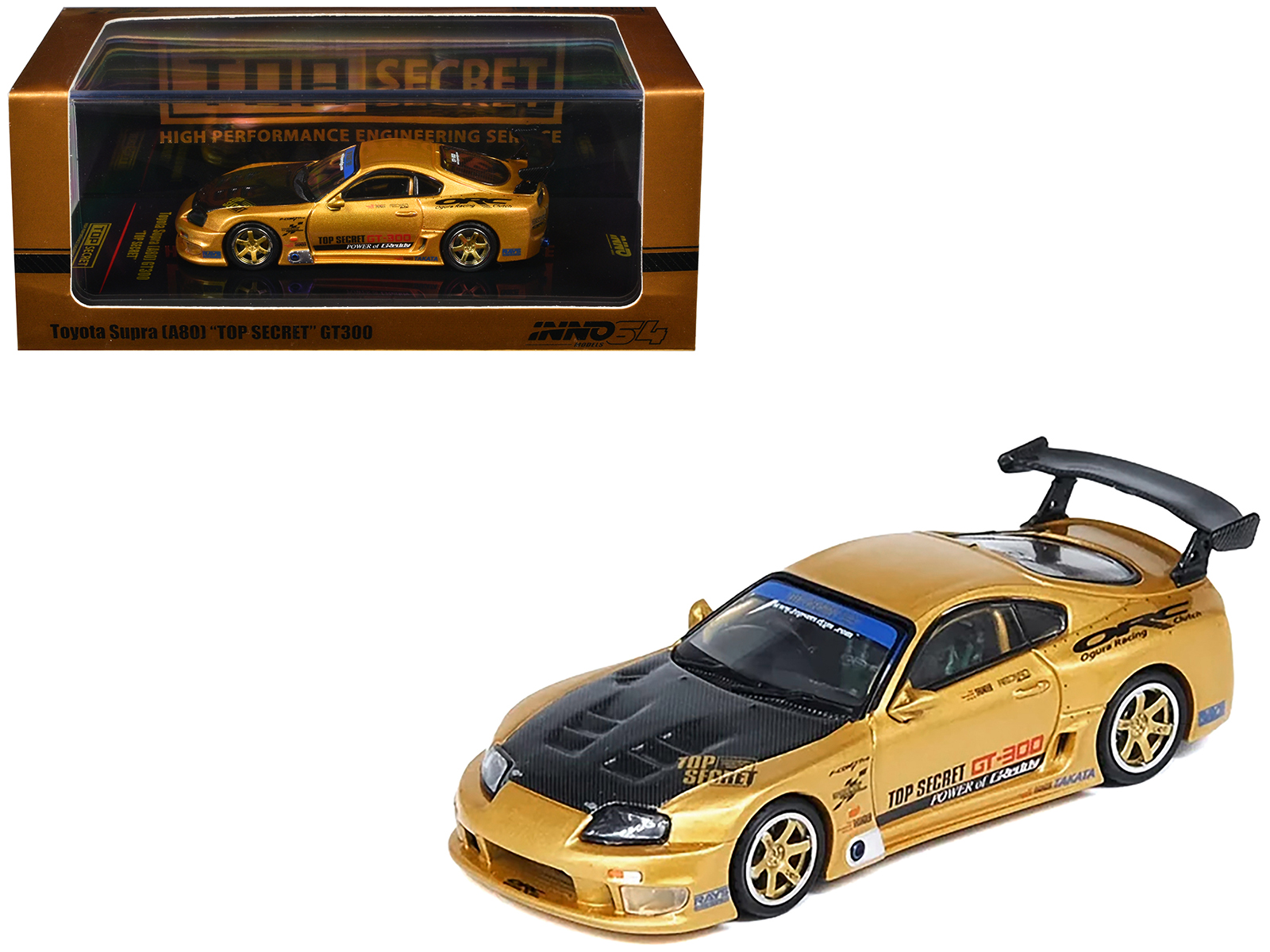 Toyota Supra (A80) "Top Secret" GT300 RHD (Right Hand Drive) Gold Metallic with Carbon Hood 1/64 Diecast Model Car by Inno Models