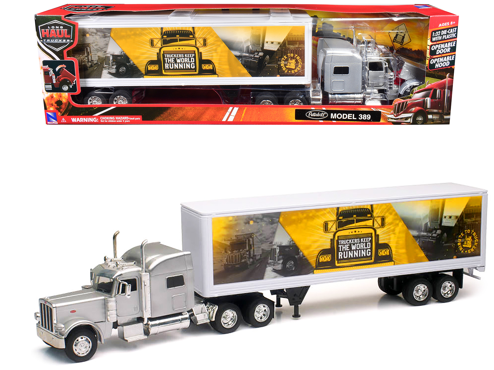 Peterbilt 389 Truck Silver Metallic with Dry Van Trailer "Trucker Keep The World Running" "Long Haul Truckers" Series 1/32 Diecast Model by New Ray