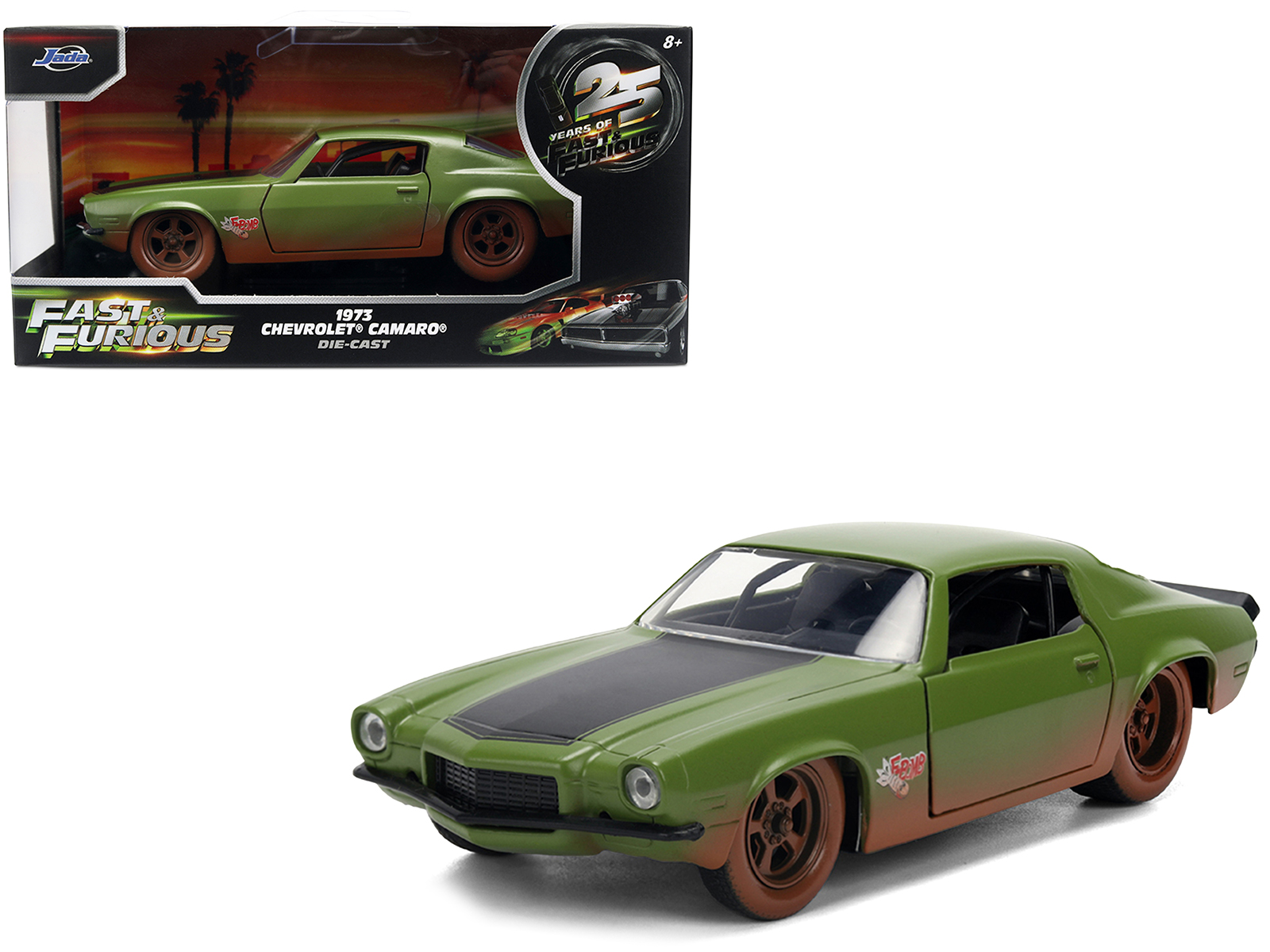 Dom's 1973 Chevrolet Camaro "F-Bomb" Matt Green (Dirty Version) with Black Hood Stripe "Fast & Furious" (2009) Movie "Fast & Furious 25 Years" Series 1/32 Diecast Model Car by Jada
