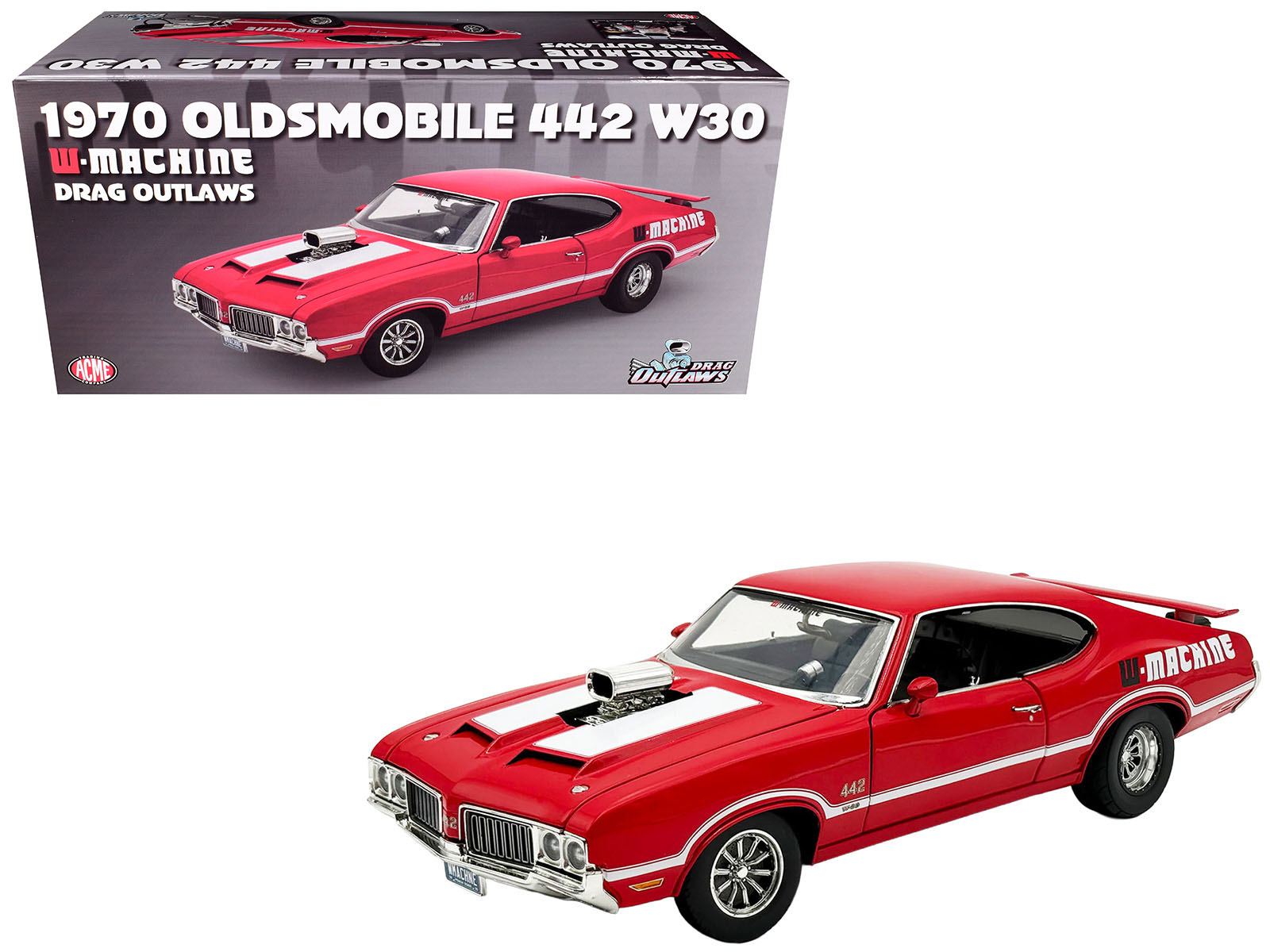 1970 Oldsmobile 442 W30 "W-Machine - Drag Outlaws" Red with White Stripes Limited Edition to 300 pieces Worldwide 1/18 Diecast Model Car by ACME