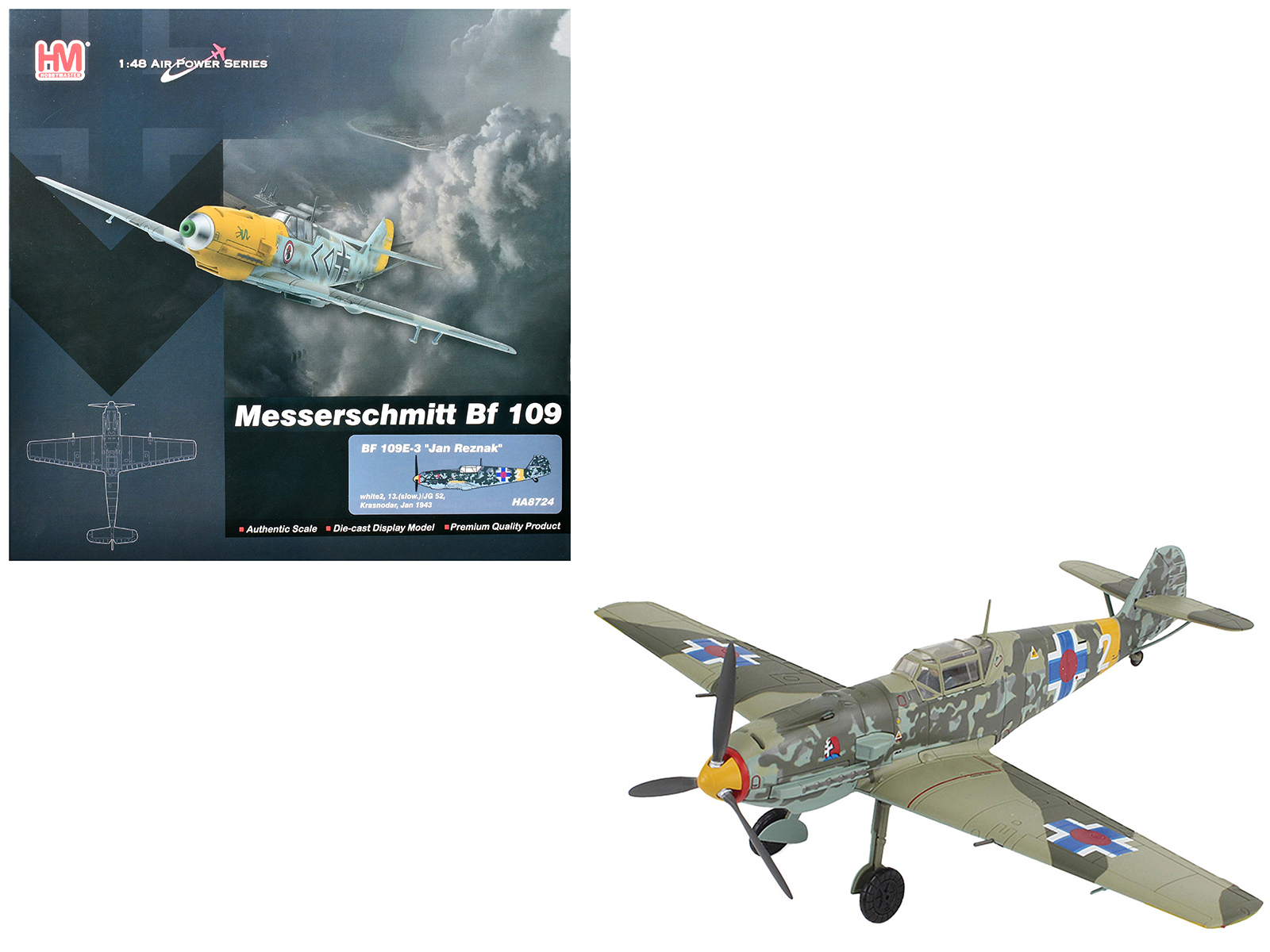 Messerschmitt Bf 109E-3 Fighter Aircraft "White 2 Jan Reznak 13.(slow)/JG 52 Kraznodar USSR" (1943) German Luftwaffe "Air Power Series" 1/48 Diecast Model by Hobby Master