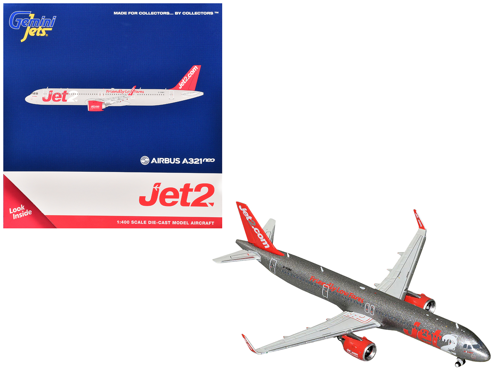 Airbus A321neo Commercial Aircraft "Jet2" (G-SUNO) Gray Metallic with Red Tail 1/400 Diecast Model Airplane by GeminiJets