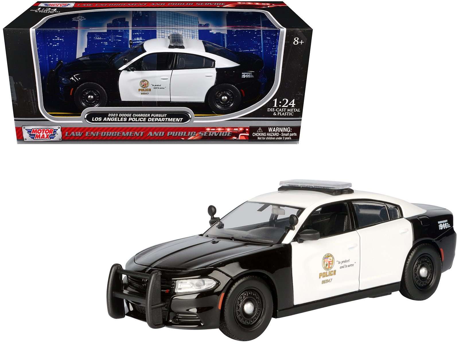 2023 Dodge Charger Pursuit Police Car "LAPD (Los Angeles Police Department)" Black and White "Law Enforcement and Public Service" Series 1/24 Diecast Model Car by Motormax