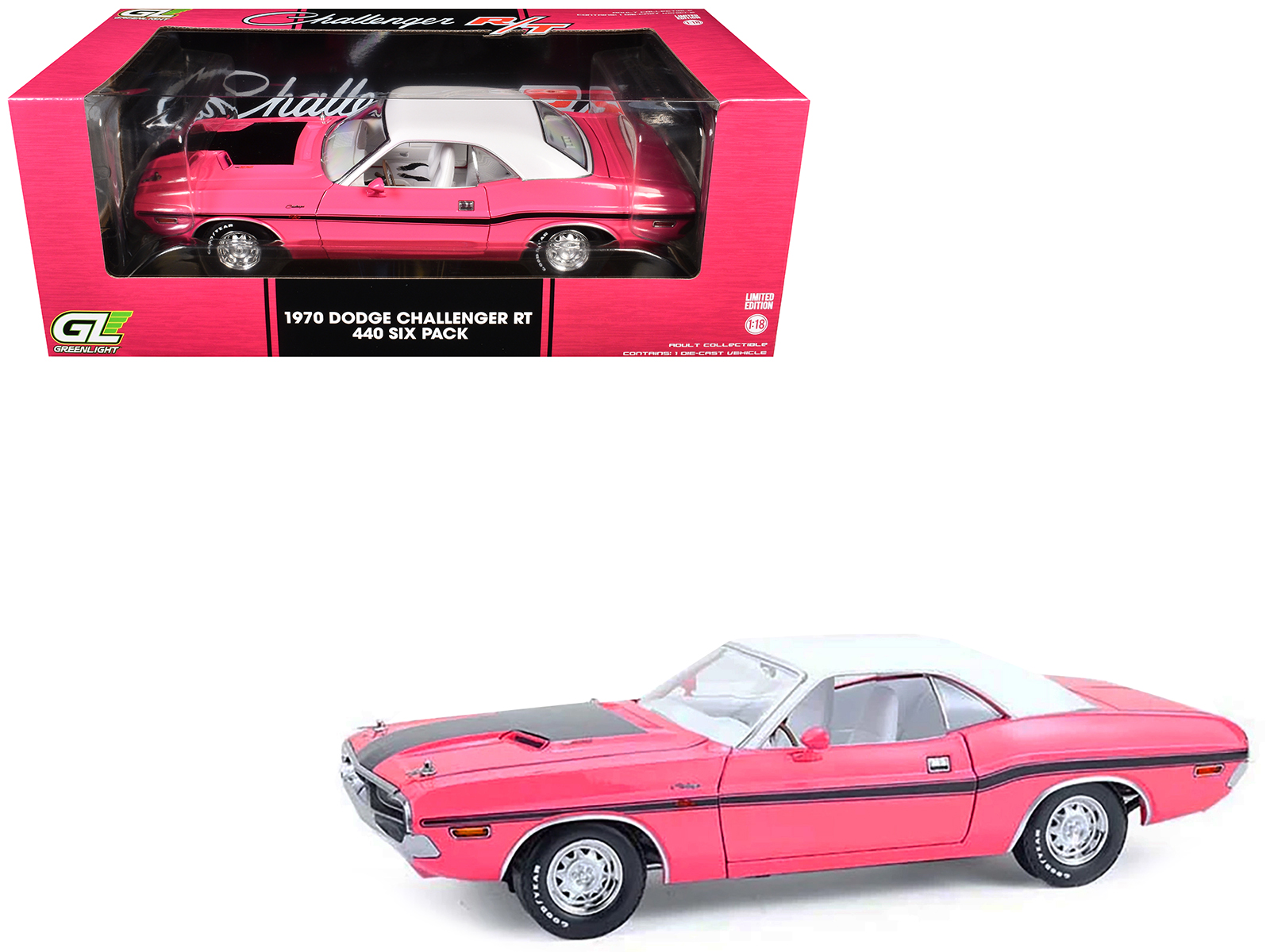 1970 Dodge Challenger R/T 440 Six Pack Panther Pink with Black Stripes White Top and White Interior 1/18 Diecast Model Car by Greenlight