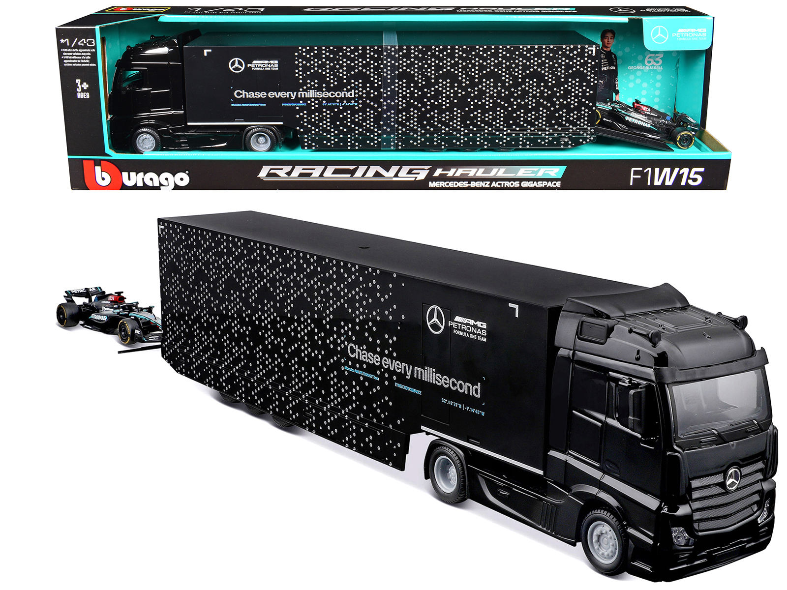 Mercedes-Benz Actros Gigaspace Car Transporter Black and Mercedes-AMG F1 W15 E Performance #63 George Russell "Petronas" Formula One F1 World Championship (2024) "Racing Hauler" Series 1/43 Diecast Model Car by Bburago