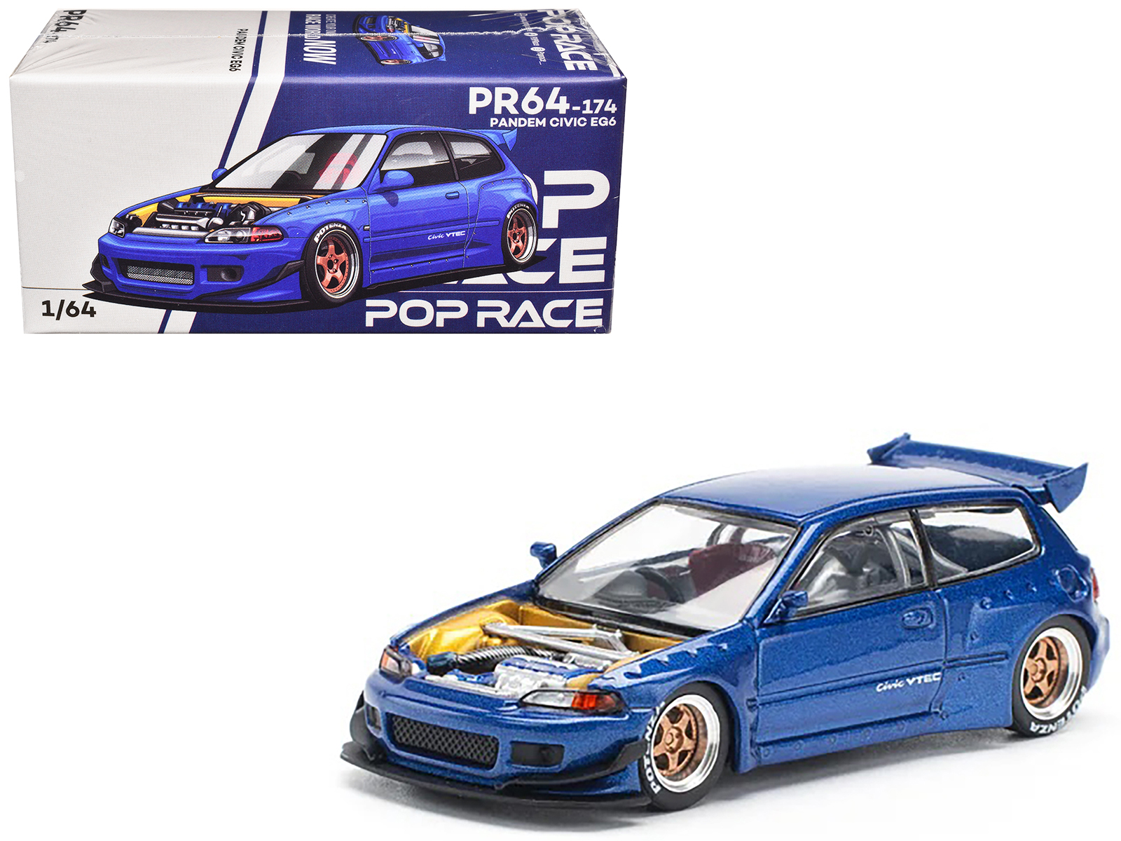 Pandem Civic EG6 VTEC RHD (Right Hand Drive) Blue Metallic with No Hood 1/64 Diecast Model Car by Pop Race
