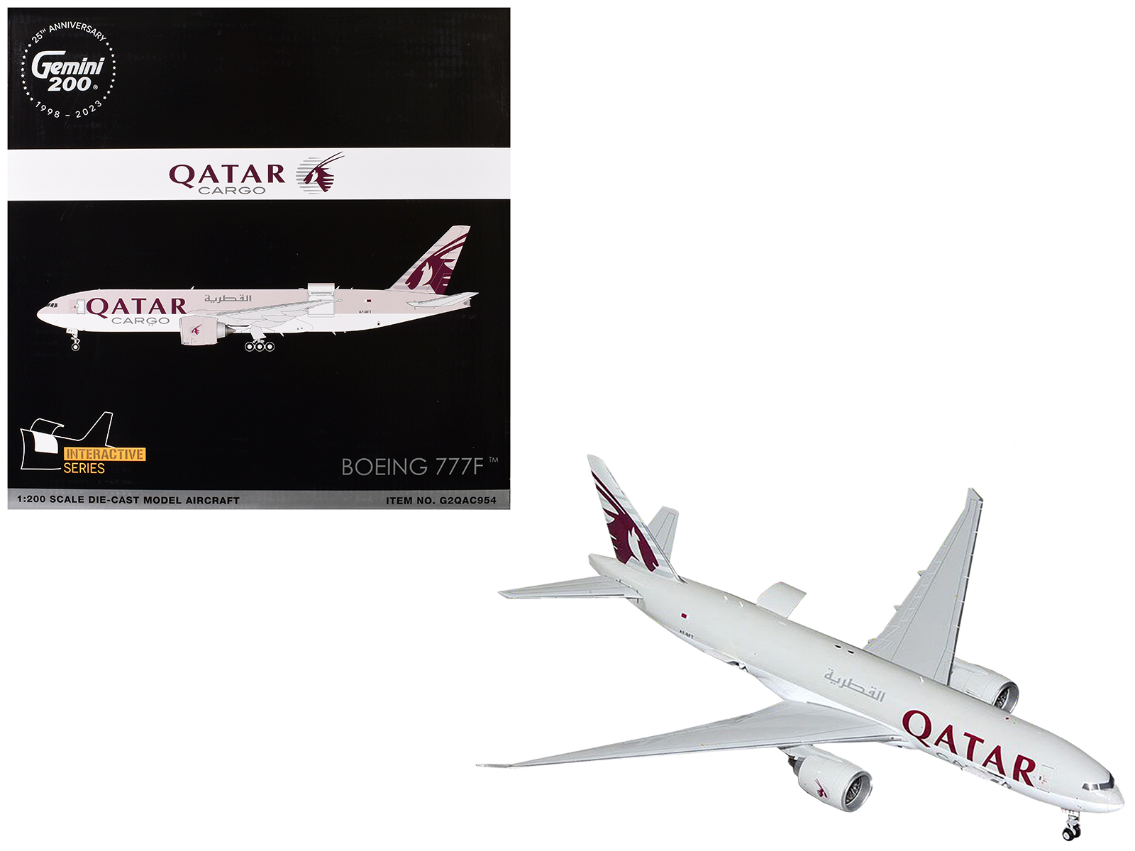 Boeing 777F Commercial Aircraft "Qatar Cargo" (A7-BFT) Gray with Tail Graphics "Gemini 200 - Interactive" Series 1/200 Diecast Model Airplane by GeminiJets