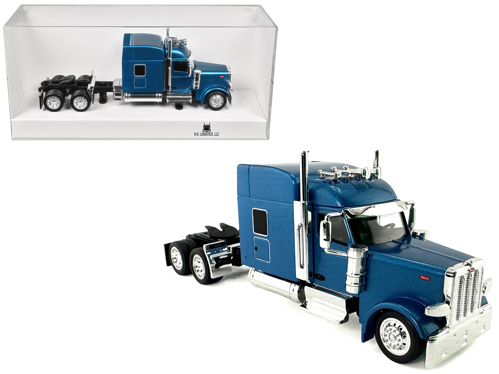 Peterbilt 589 with Stand Up Sleeper Cab Blue Metallic 1/87 (HO) Plastic Model Car by HO Logistics