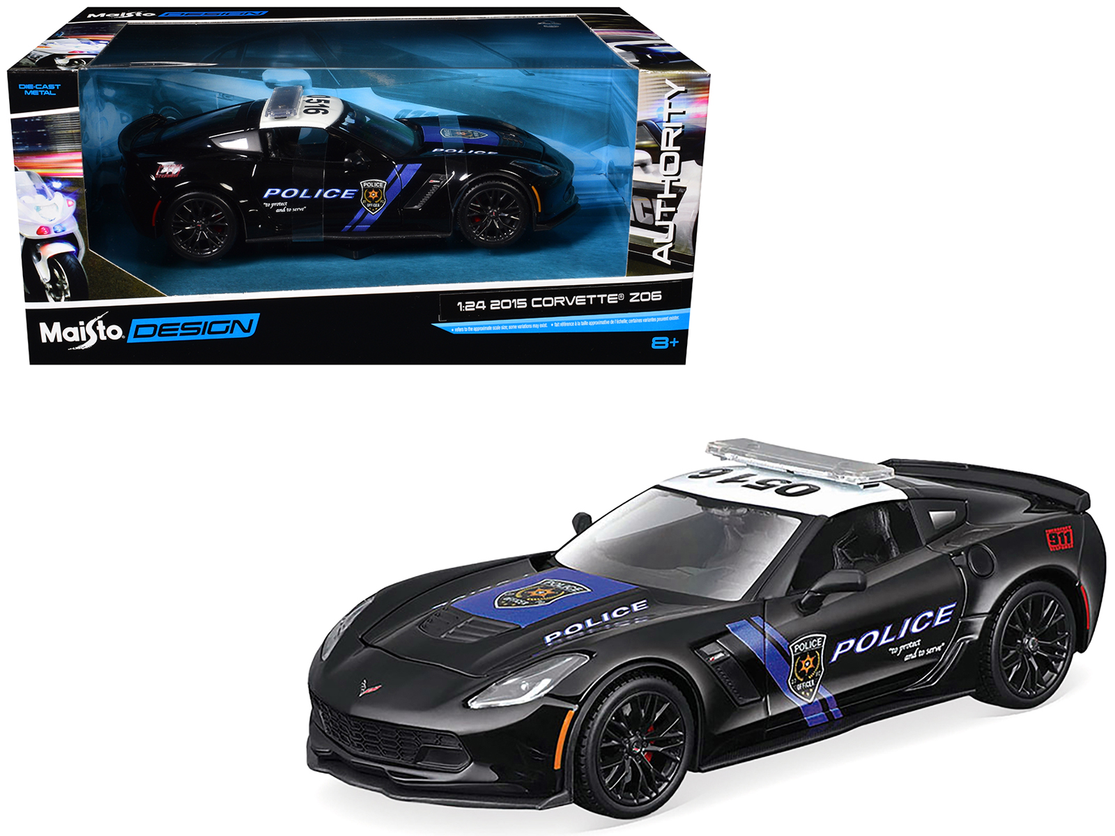 2015 Chevrolet Corvette Z06 "Police" Black with Blue Stripes and White Top "Maisto Design Authority" Series 1/24 Diecast Model Car by Maisto