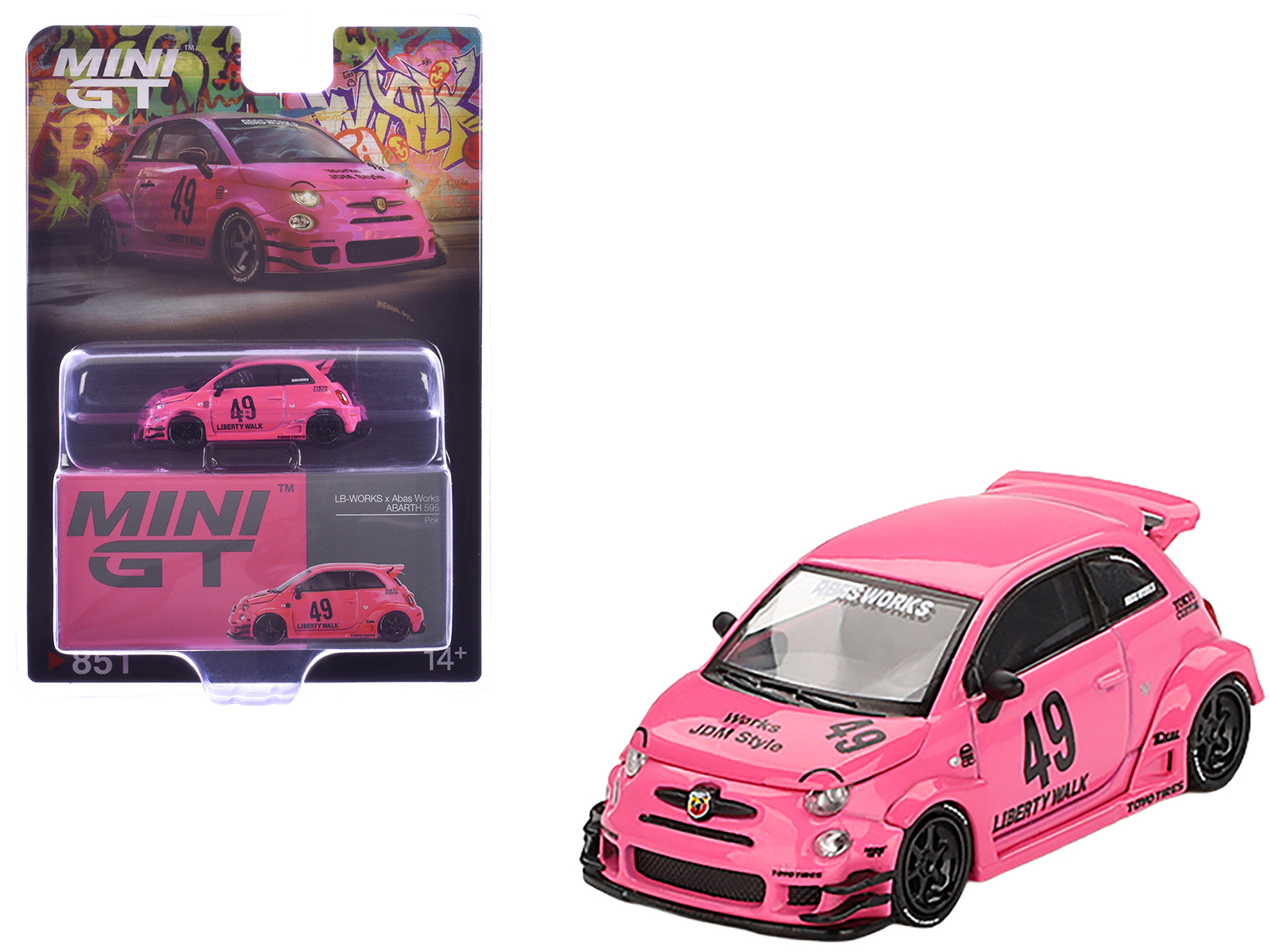 ABARTH 595 #49 "LB-Works x Abas Works" Pink Limited Edition 1/64 Diecast Model Car by Mini GT
