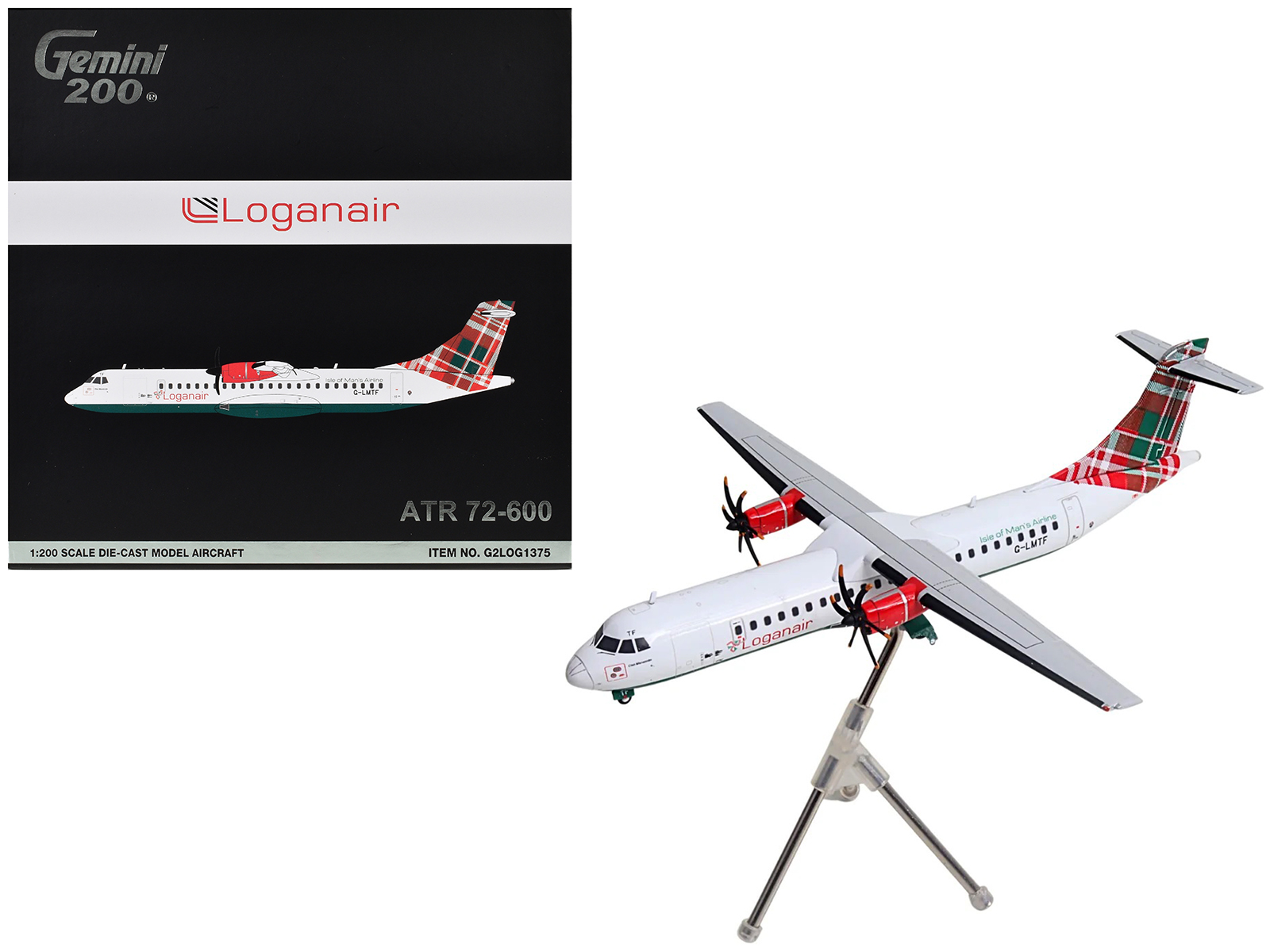 ATR 72-600 Commercial Aircraft "Loganair - Isle of Man's Airline" (G-LMTF) White with Green and Red Plaid Tail "Gemini 200" Series 1/200 Diecast Model Airplane by GeminiJets