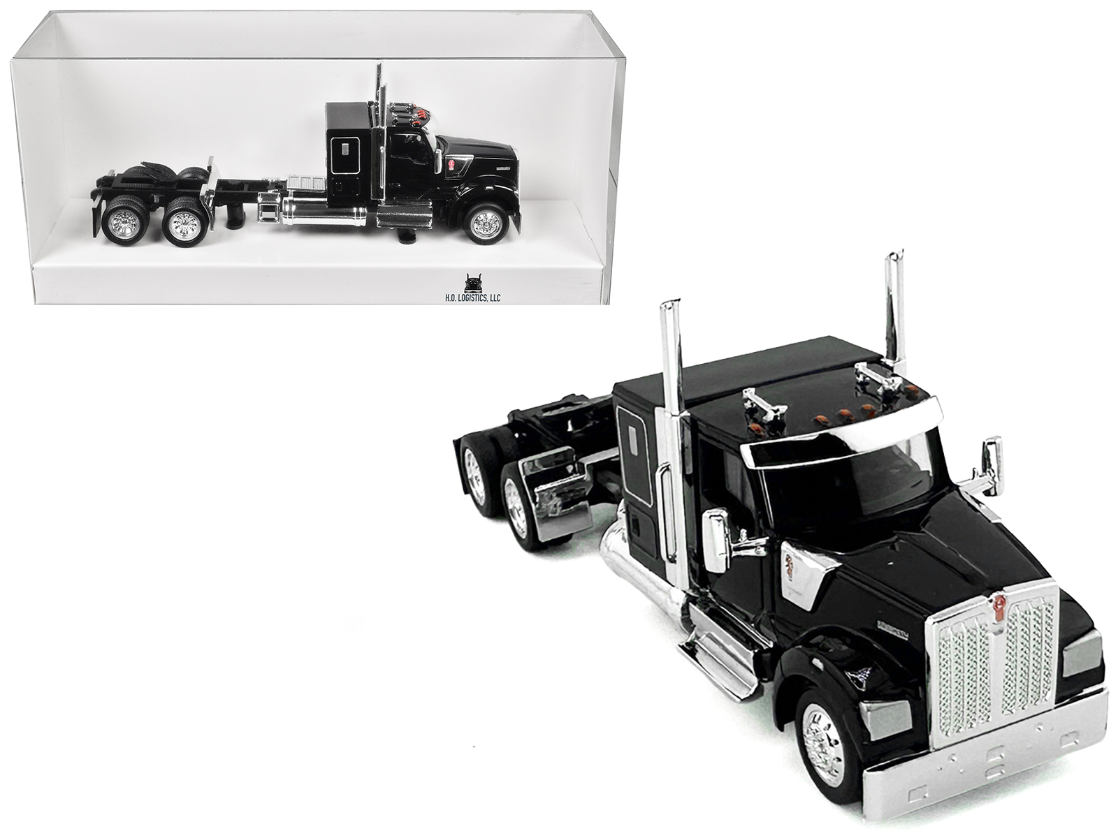 Kenworth W990 with Flat Top Sleeper Cab Black 1/87 (HO) Plastic Model Car by HO Logistics