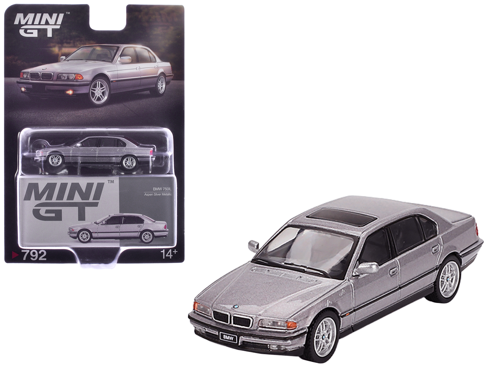BMW 750IL Aspen Silver Metallic with Sun Roof Limited Edition 1/64 Diecast Model Car by Mini GT