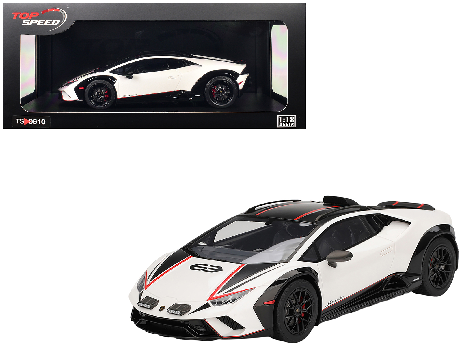 Lamborghini Huracan Sterrato Bianco Asopo White with Matt Black Top and Red Stripes 1/18 Model Car by Top Speed