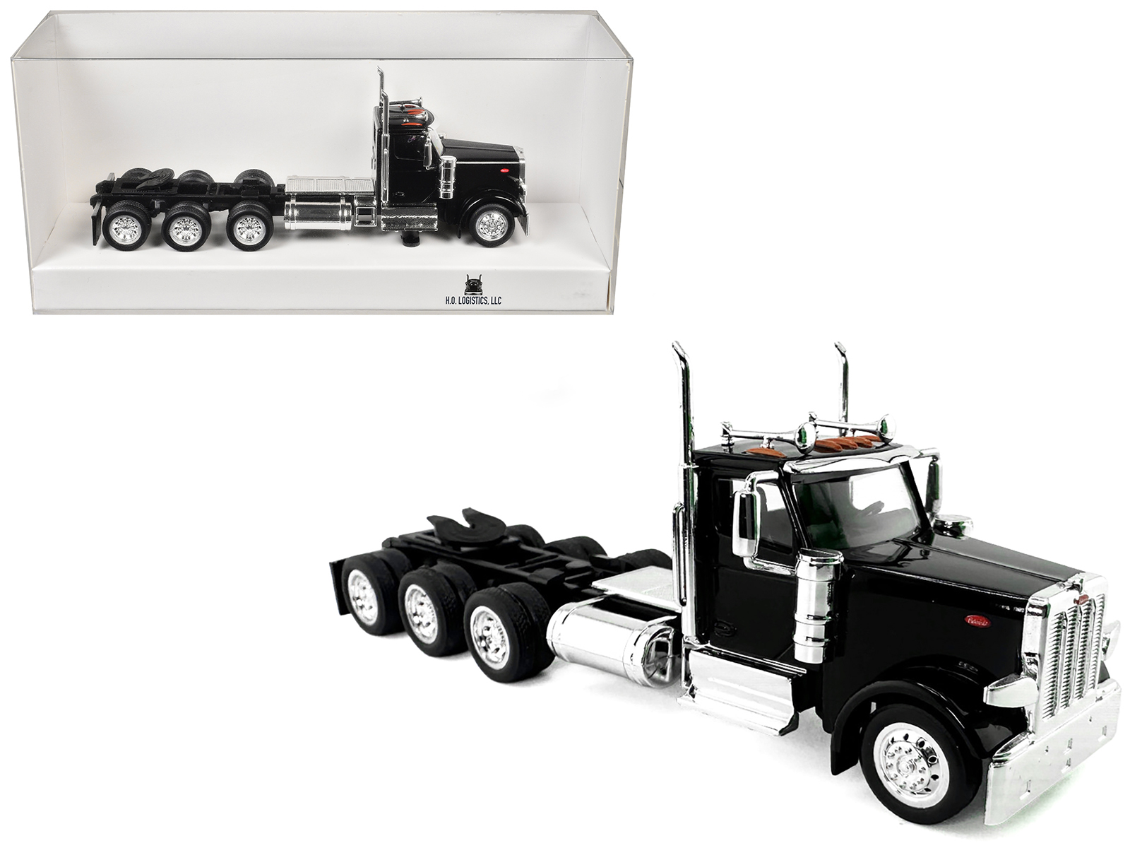 Peterbilt 589 3-Axel Day Cab Black 1/87 (HO) Plastic Model Car by HO Logistics