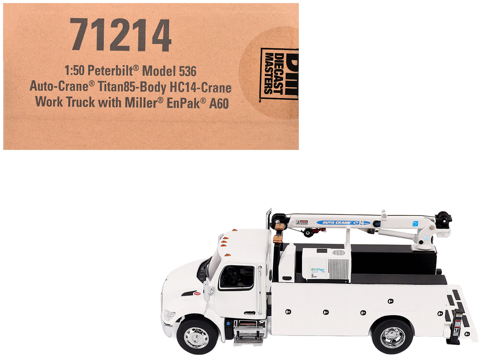 Peterbilt 536 Auto-Crane Titan85-Body HC14-Crane Work Truck with Miller EnPak White "Transport Series" 1/50 Diecast Model by Diecast Masters