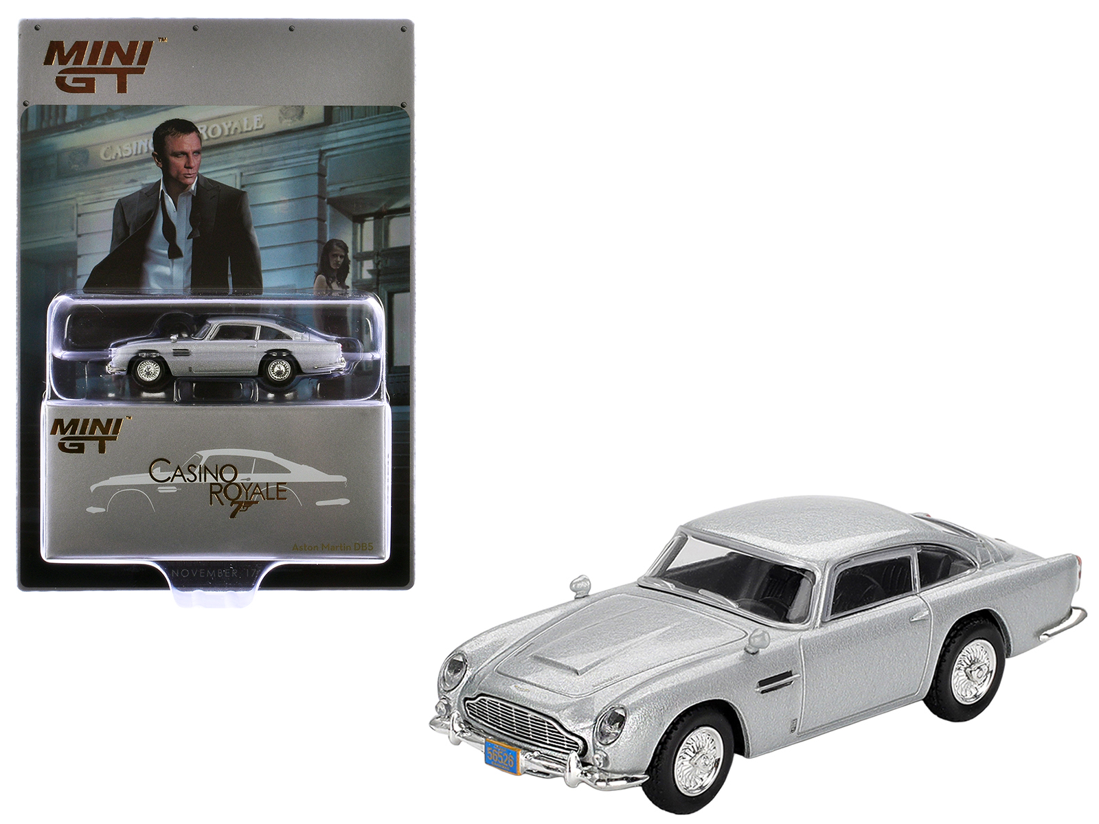 Aston Martin DB5 Birch Silver Metallic 007 James Bond "Casino Royale" (2006) Movie Limited Edition 1/64 Diecast Model Car by Mini GT