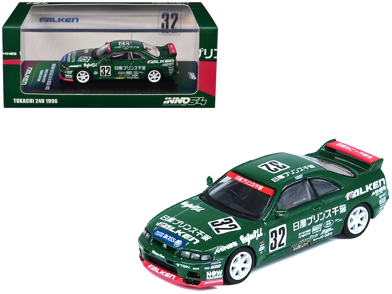 Nissan Skyline GT-R (R33) RHD (Right Hand Drive) #32 "Prince Chiba Falken" N1 Super Endurance Series "Tokachi 24 Hours" (1996) 1/64 Diecast Model Car by Inno Models