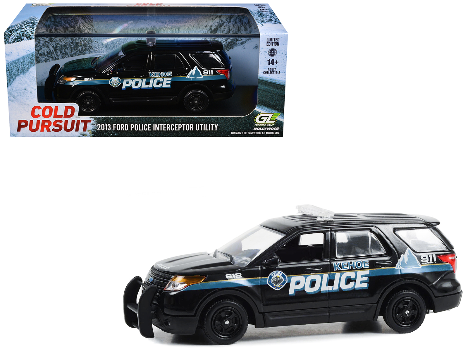2013 Ford Police Interceptor Utility "Kehoe Police Department Kehoe Colorado" Black with White Stripes "Cold Pursuit" (2019) Movie 1/43 Diecast Model Car by Greenlight