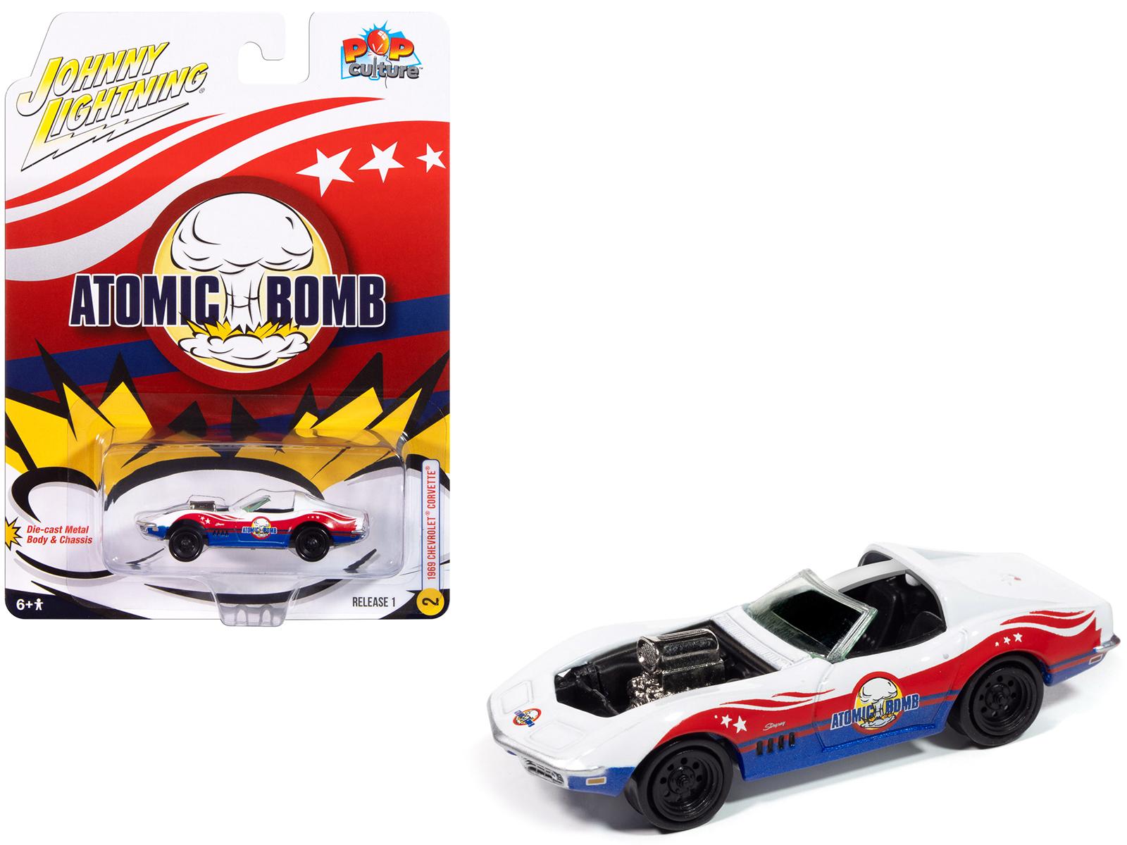 1969 Chevrolet Corvette "Atomic Bomb" White with Red and Blue Graphics "Stuntman Mike's Ride Along Racing" "Pop Culture" 2025 Release 1 1/64 Diecast Model Car by Johnny Lightning