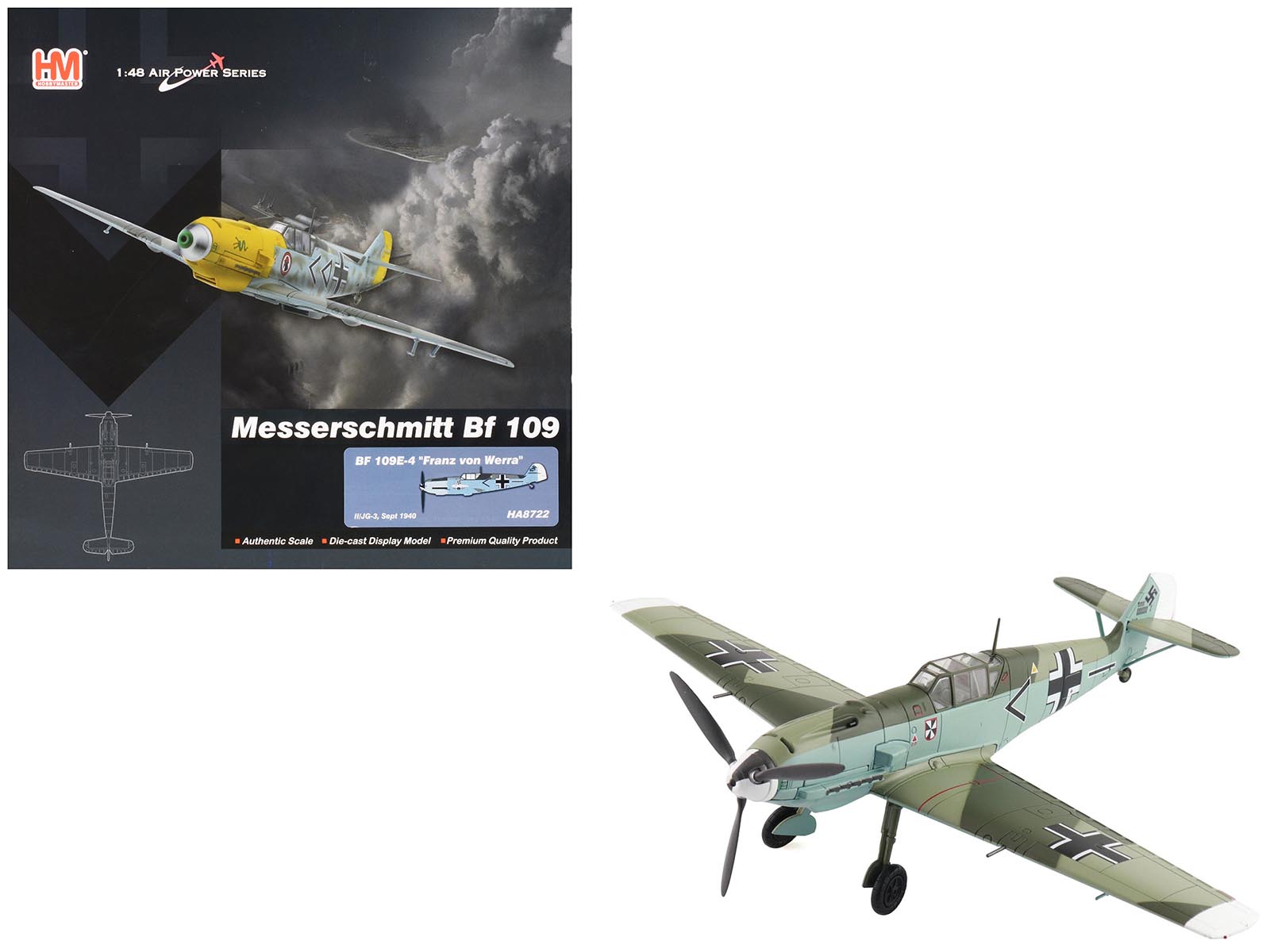 Messerschmitt BF 109E-4 Fighter Aircraft "Franz von Werra II/JG-3" (1940) German Luftwaffe "Air Power Series" 1/48 Diecast Model by Hobby Master