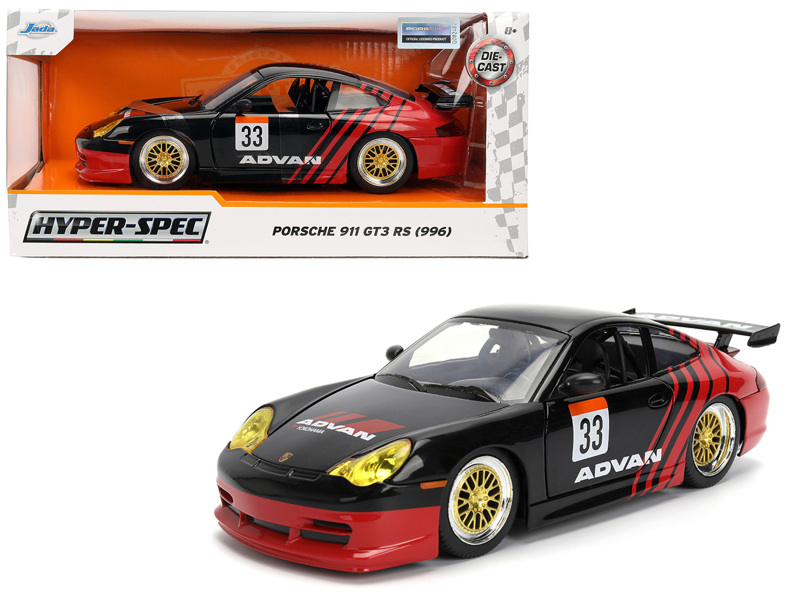 Porsche 911 GT3 RS (996) #33 "ADVAN" Black and Red "Hyper-Spec" Series 1/24 Diecast Model Car by Jada