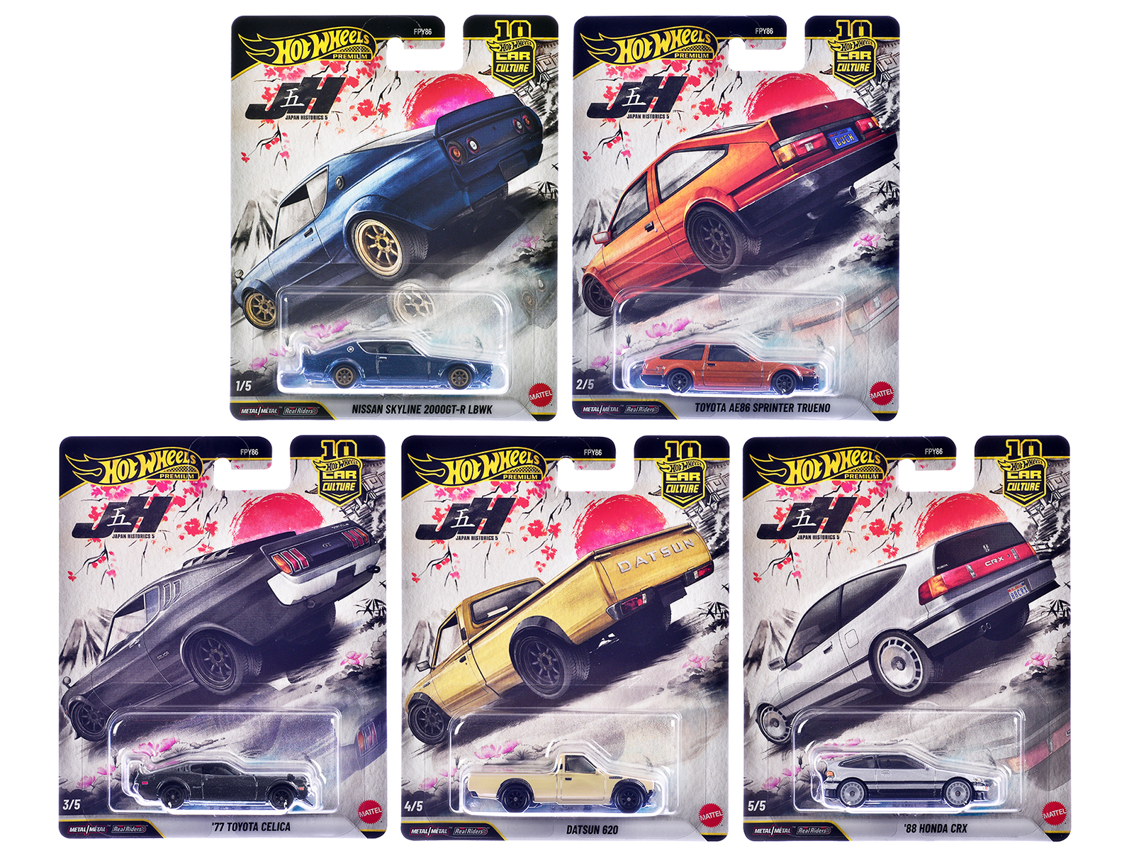 "Japan Historics 5" 5 piece Set "Car Culture 10th Anniversary" 2025 Series P Diecast Model Cars by Hot Wheels