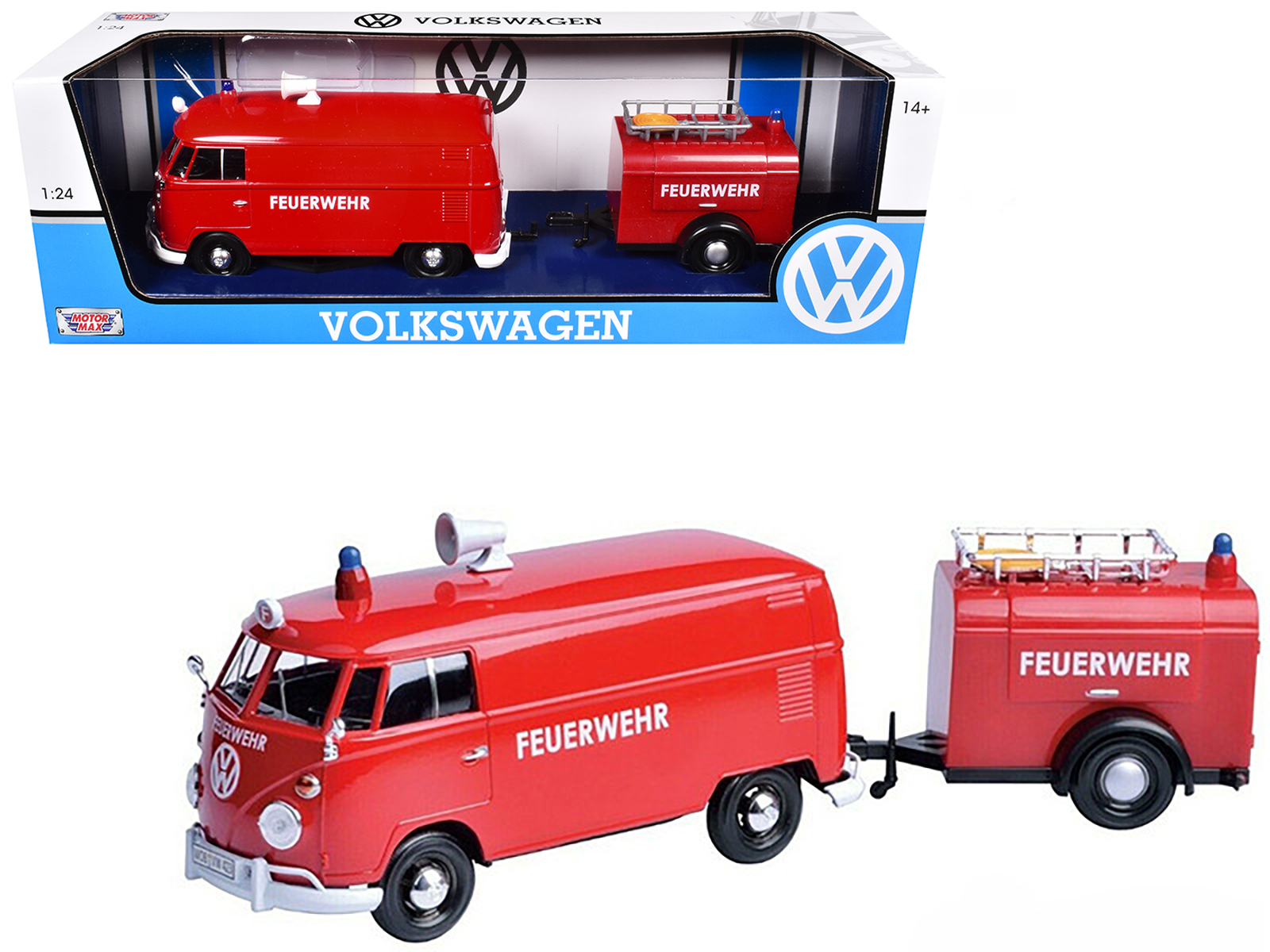 Volkswagen Type 2 (T1) Fire Van with Fire Fighting Trailer "Feuerwehr" Red 1/24 Diecast Model Car by Motormax