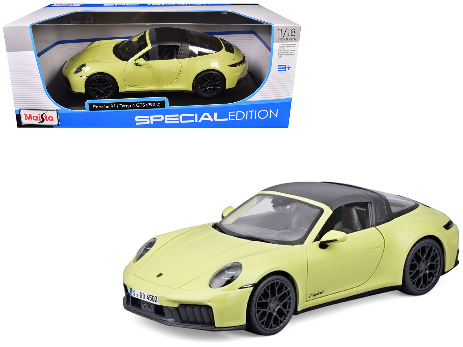 Porsche 911 Targa 4 GTS (992.2) Yellow with Black Top "Special Edition" Series 1/18 Diecast Model Car by Maisto