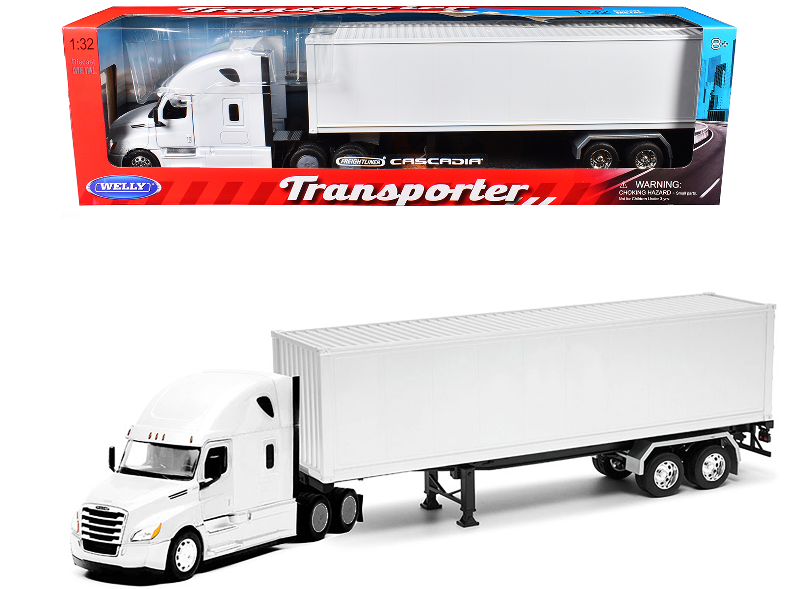 Freightliner Cascadia Truck White with White Container "Transporter" Series 1/32 Diecast Model by Welly