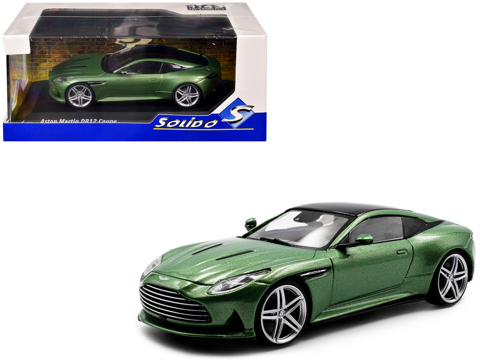 2023 Aston Martin DB12 Coupe Iridescent Emerald Metallic with Black Top 1/43 Diecast Model Car by Solido