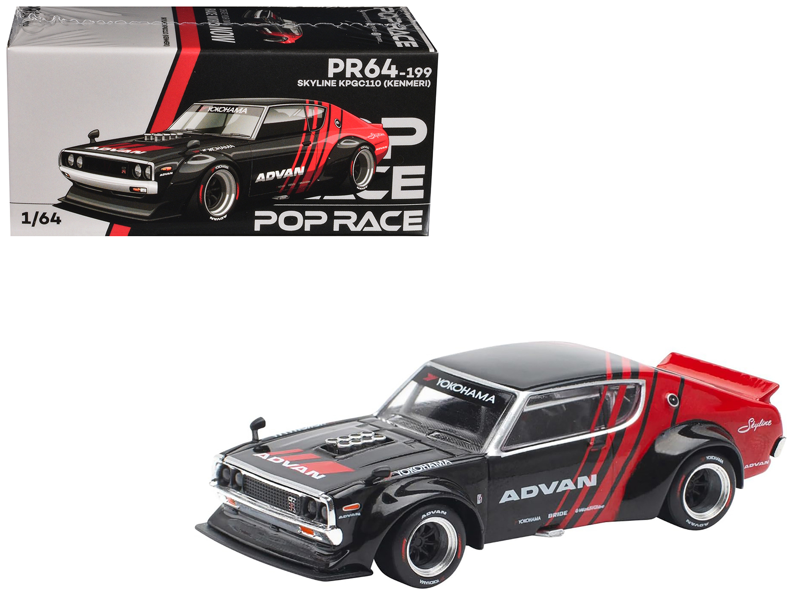 Skyline KPGC110 "Kenmeri" RHD (Right Hand Drive) "ADVAN" Black and Red 1/64 Diecast Model Car by Pop Race