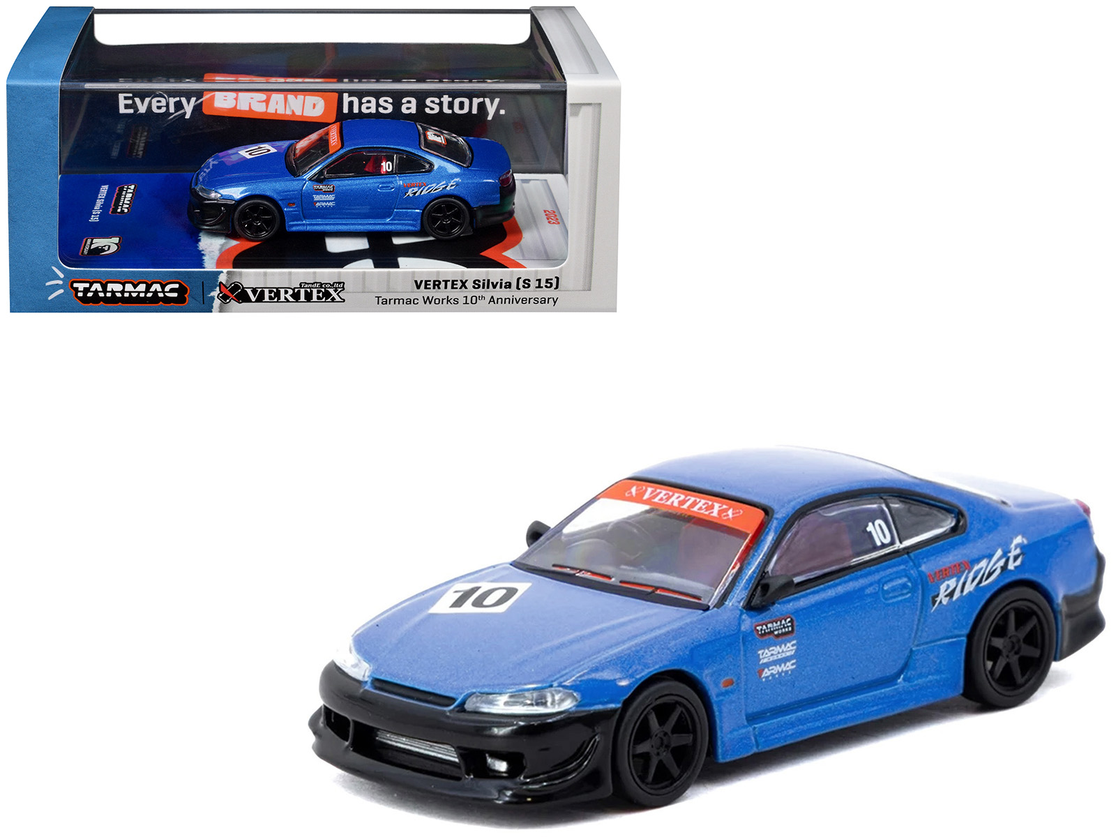 Nissan Vertex Silvia (S15) RHD (Right Hand Drive) #10 "Tarmac Works 10th Anniversary" Blue Metallic "Global64" 1/64 Diecast Model Car by Tarmac Works