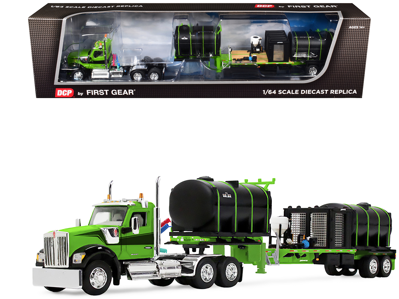 Kenworth W900 Day Cab with Demco 42' Liquid Fertilizer Tender Trailer Green and Black 1/64 Diecast Model by DCP/First Gear