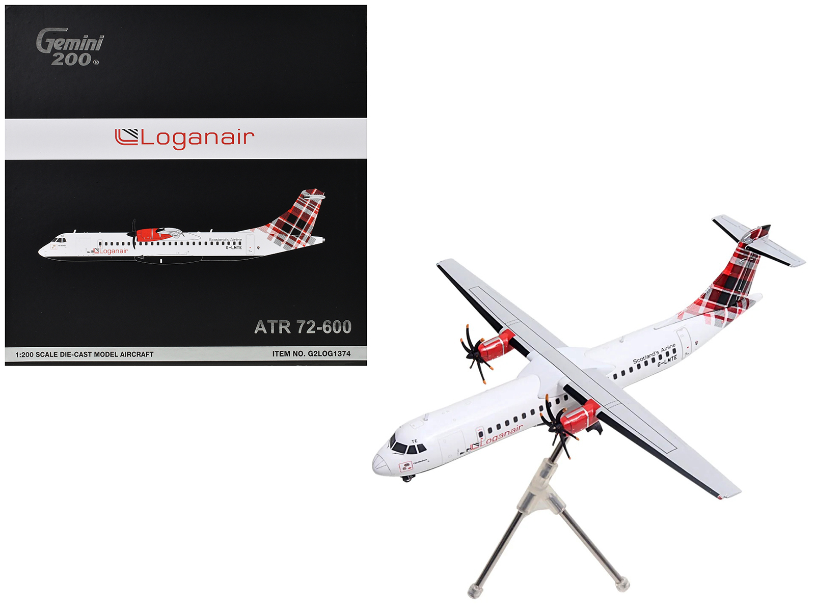 ATR 72-600 Commercial Aircraft "Loganair - Scotland's Airline" (G-LMTE) White with Red Plaid Tail "Gemini 200" Series 1/200 Diecast Model Airplane by GeminiJets