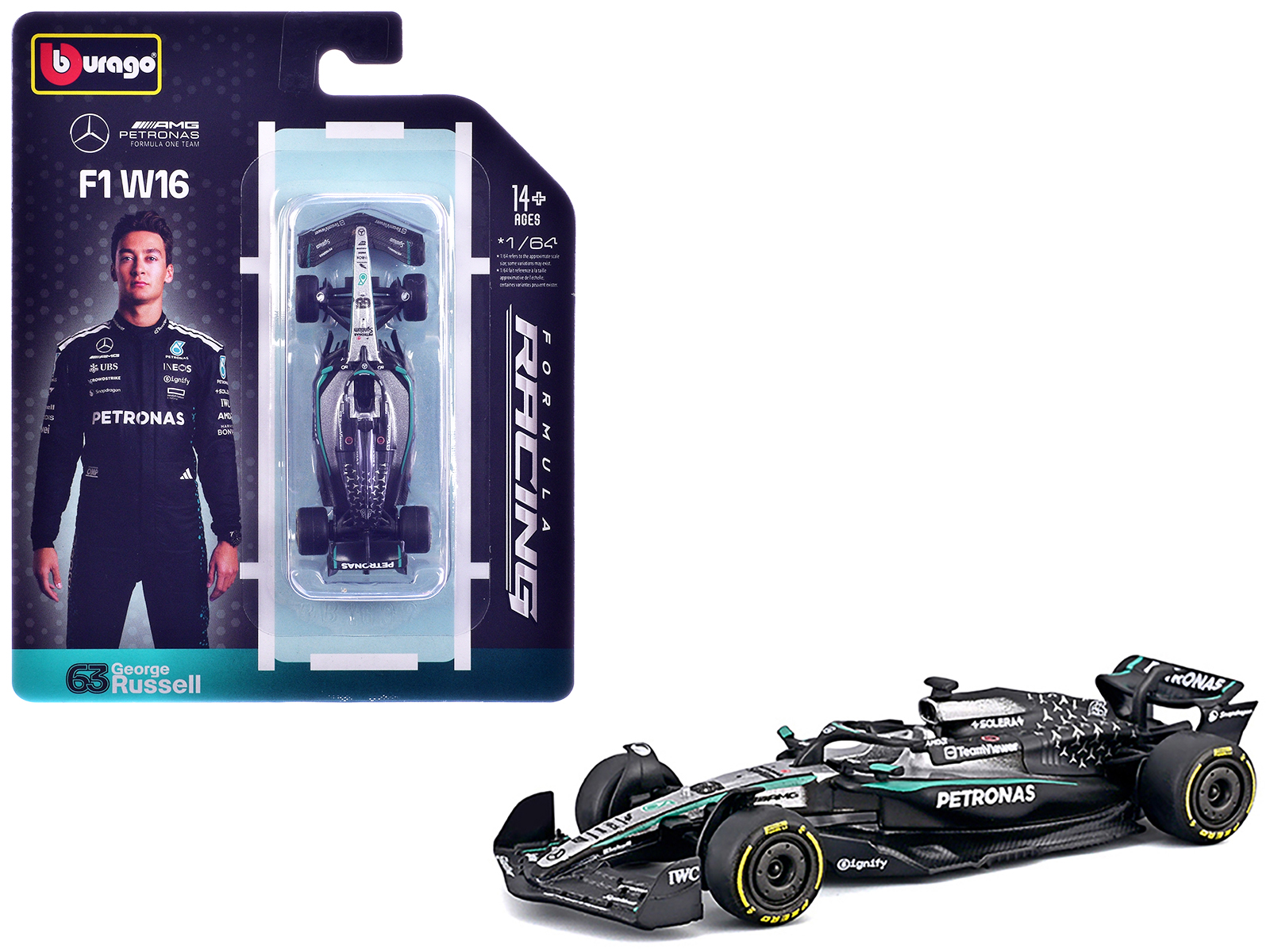 Mercedes AMG F1 W16 E Performance #63 George Russell Formula One F1 World Championship (2025) "Formula Racing" Series 1/64 Diecast Model Car by Bburago
