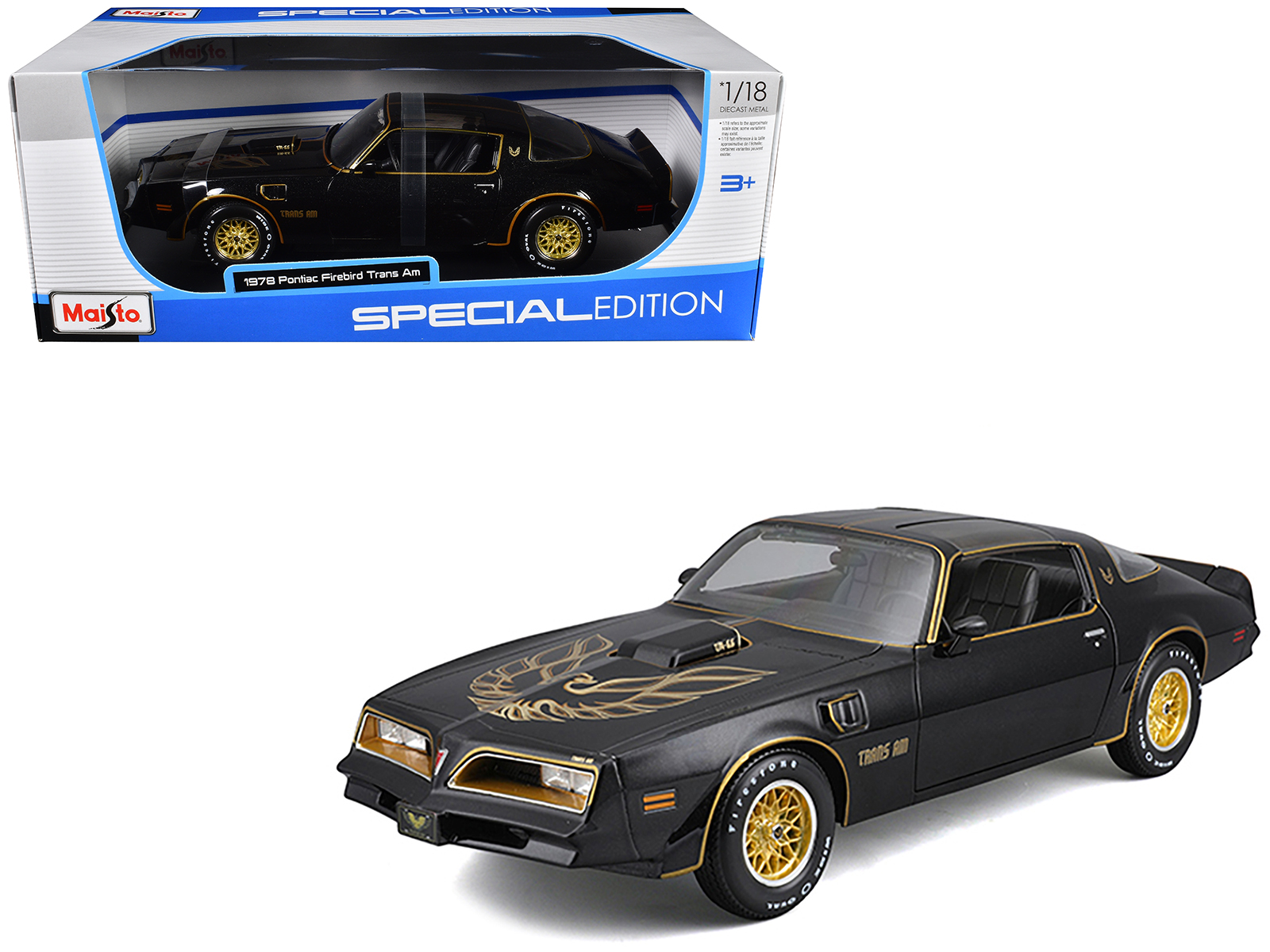1978 Pontiac Firebird Trans Am Black Metallic with Hood Graphics "Special Edition" Series 1/18 Diecast Model Car by Maisto