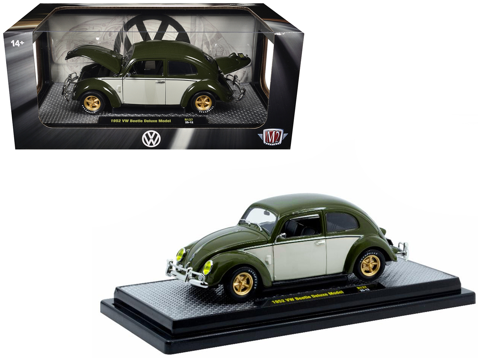 1952 Volkswagen Beetle Deluxe Model Dark Green with Beige Sides Limited Edition to 5250 pieces Worldwide 1/24 Diecast Model Car by M2 Machines