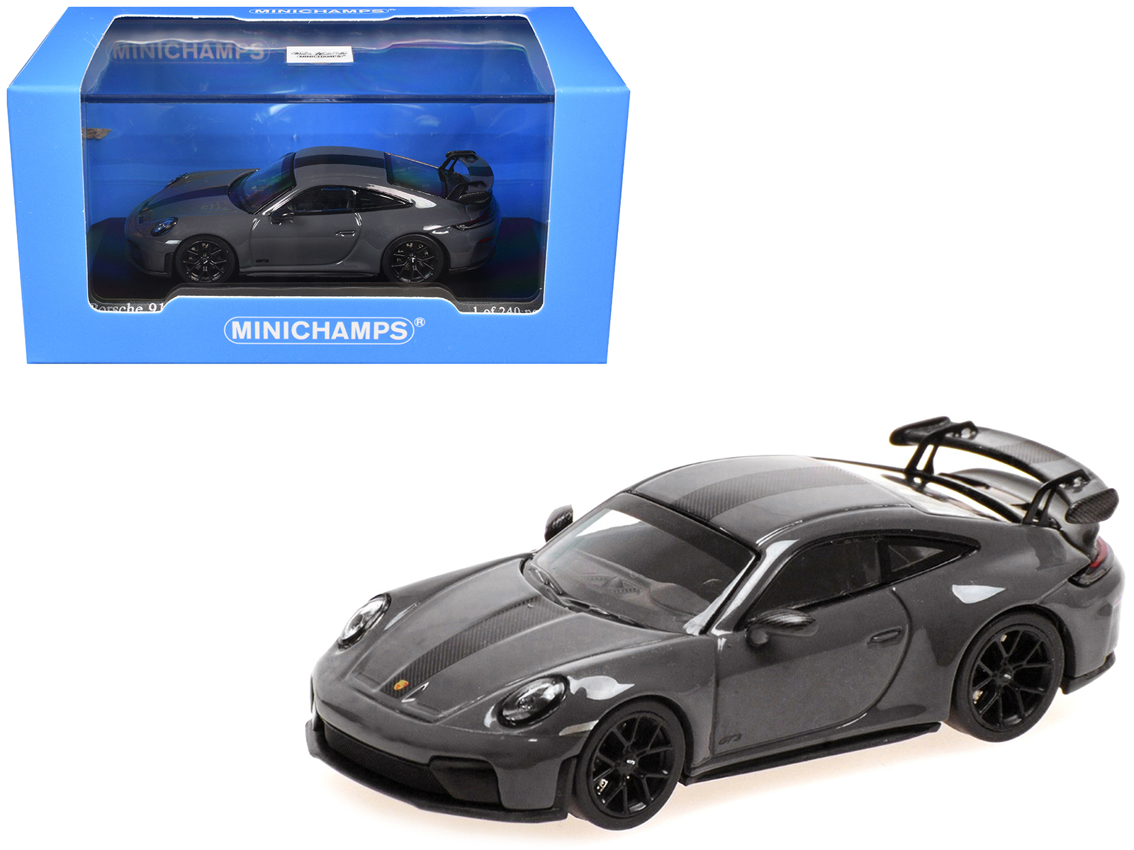 2025 Porsche 911 (992.2) GT3 Weissach Package Gray with Carbon Stripe Limited Edition to 240 pieces Worldwide 1/64 Diecast Model Car by Minichamps