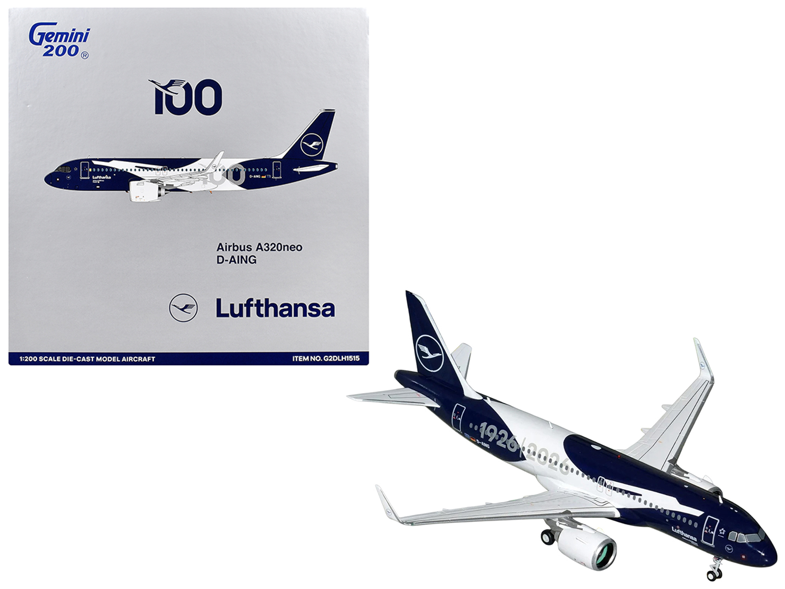 Airbus A320neo Commercial Aircraft "Lufthansa 100th Anniversary" (D-AING) White and Dark Blue "Gemini 200" Series 1/200 Diecast Model Airplane by GeminiJets