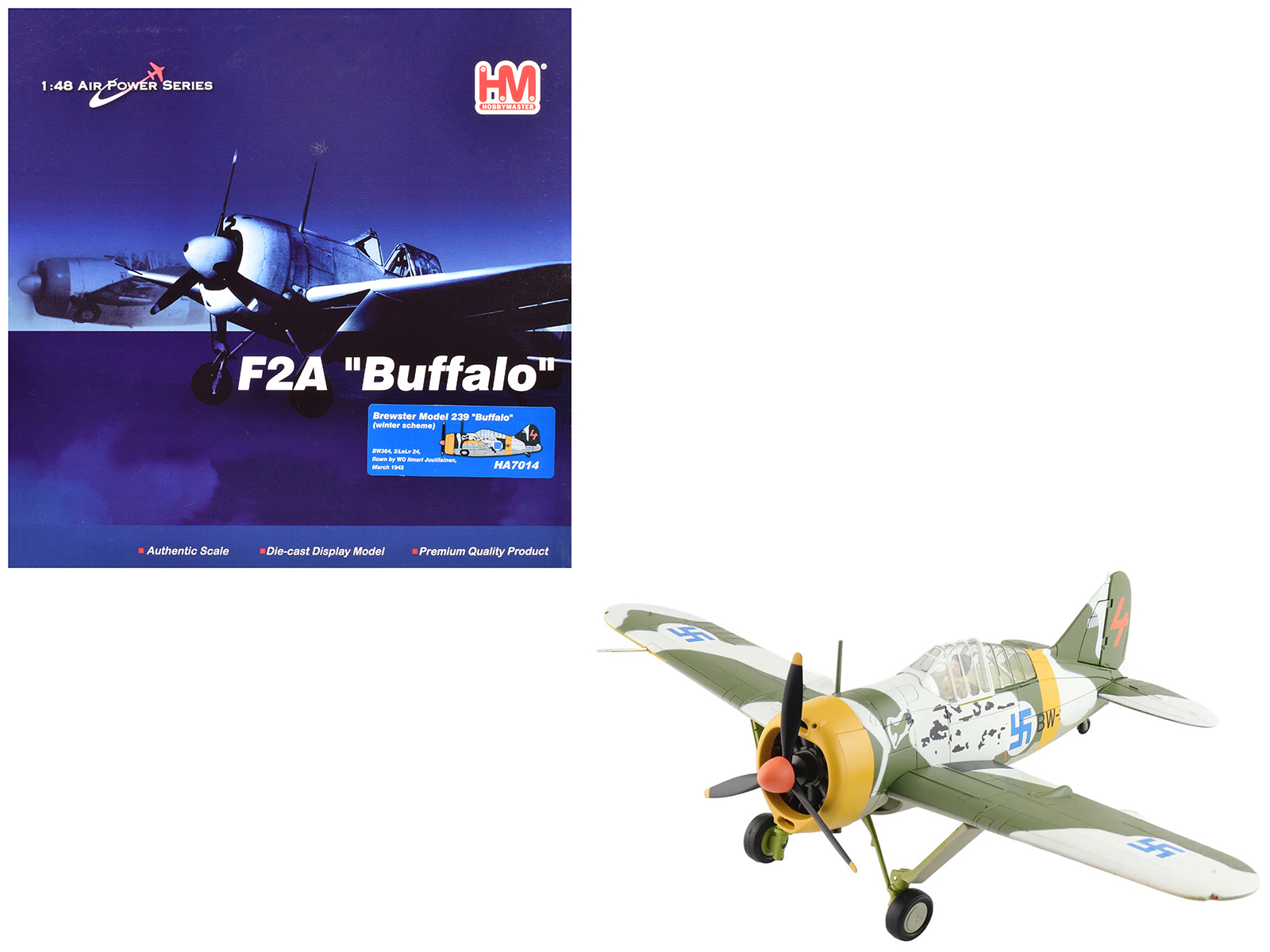 Brewster F2A Model 239 "Buffalo" Fighter Aircraft "BW364 LeLv 24 flown by Warrant Officer Ilmari Juutilainen" (1942) Finnish Air Force "Air Power Series" 1/48 Diecast Model by Hobby Master