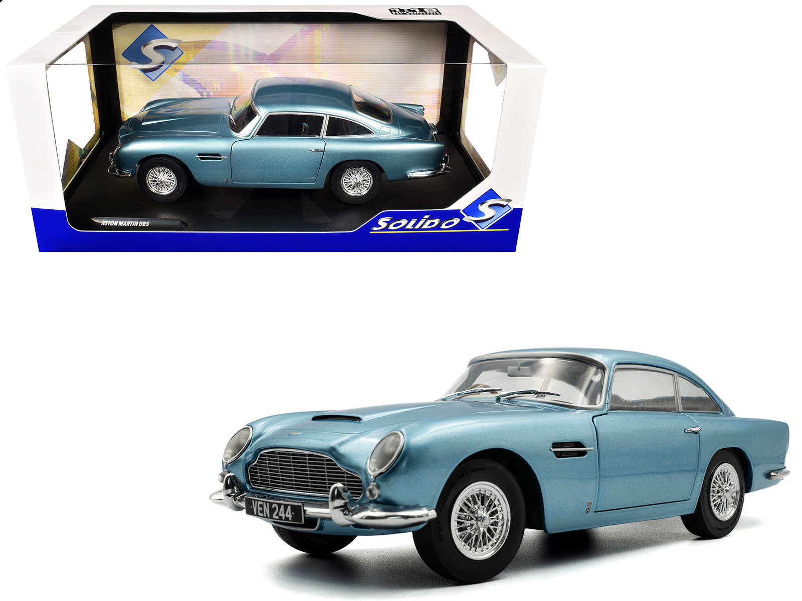 1964 Aston Martin DB5 RHD (Right Hand Drive) Light Blue Metallic 1/18 Diecast Model Car by Solido