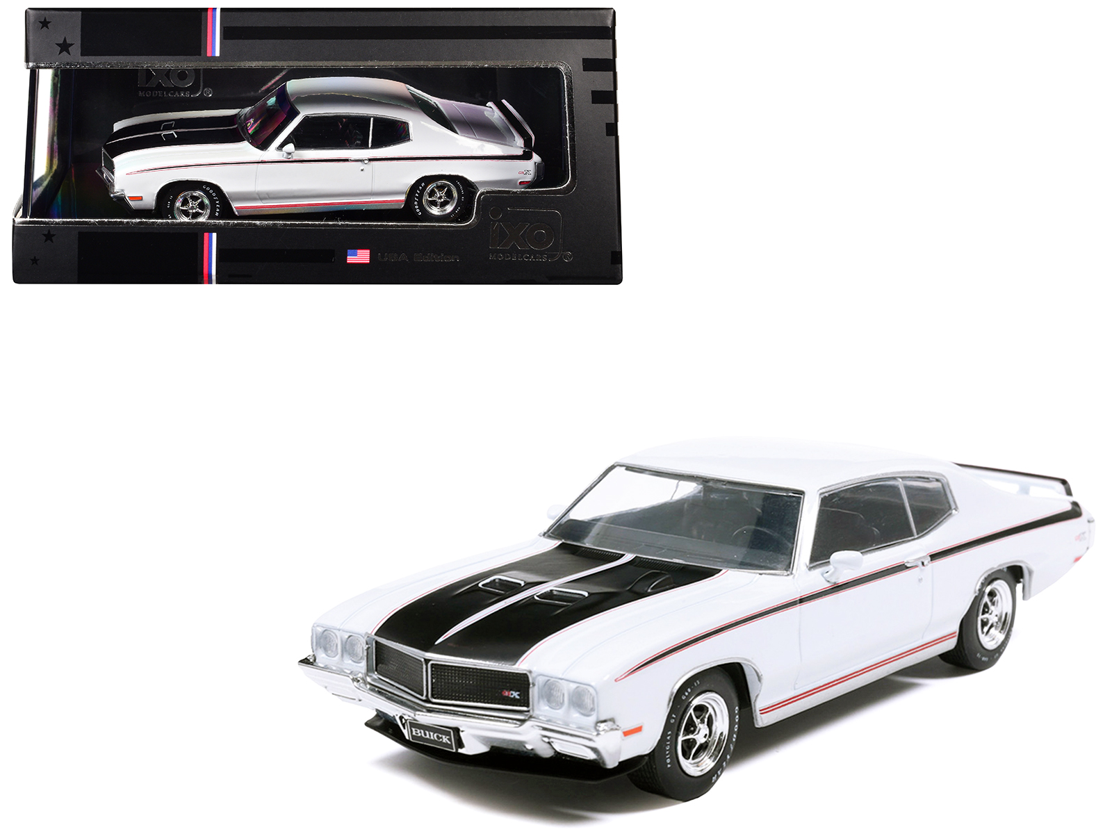1970 Buick GSX Apollo White with Black and Red Stripes 1/43 Diecast Model by IXO Models