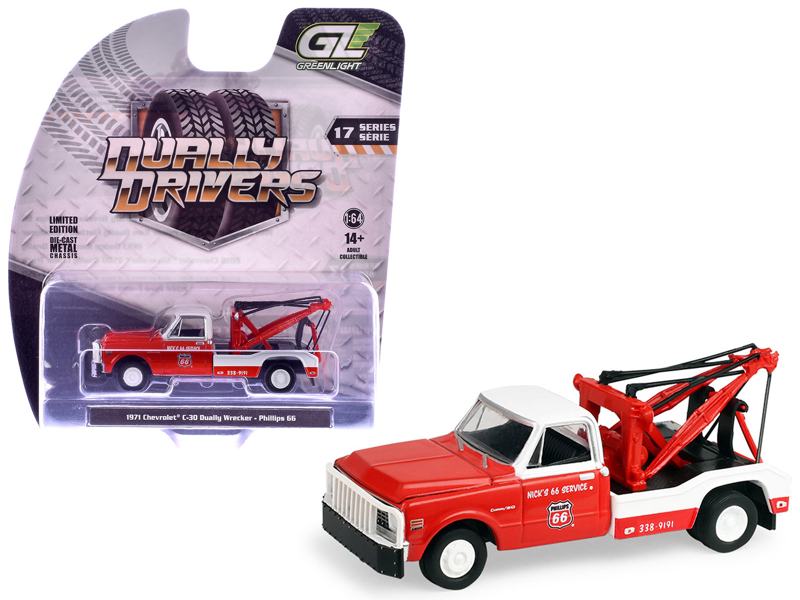 1971 Chevrolet C-30 Dually Wrecker Tow Truck "Phillips 66" Red with White Top "Dually Drivers" Series 17 1/64 Diecast Model Car by Greenlight