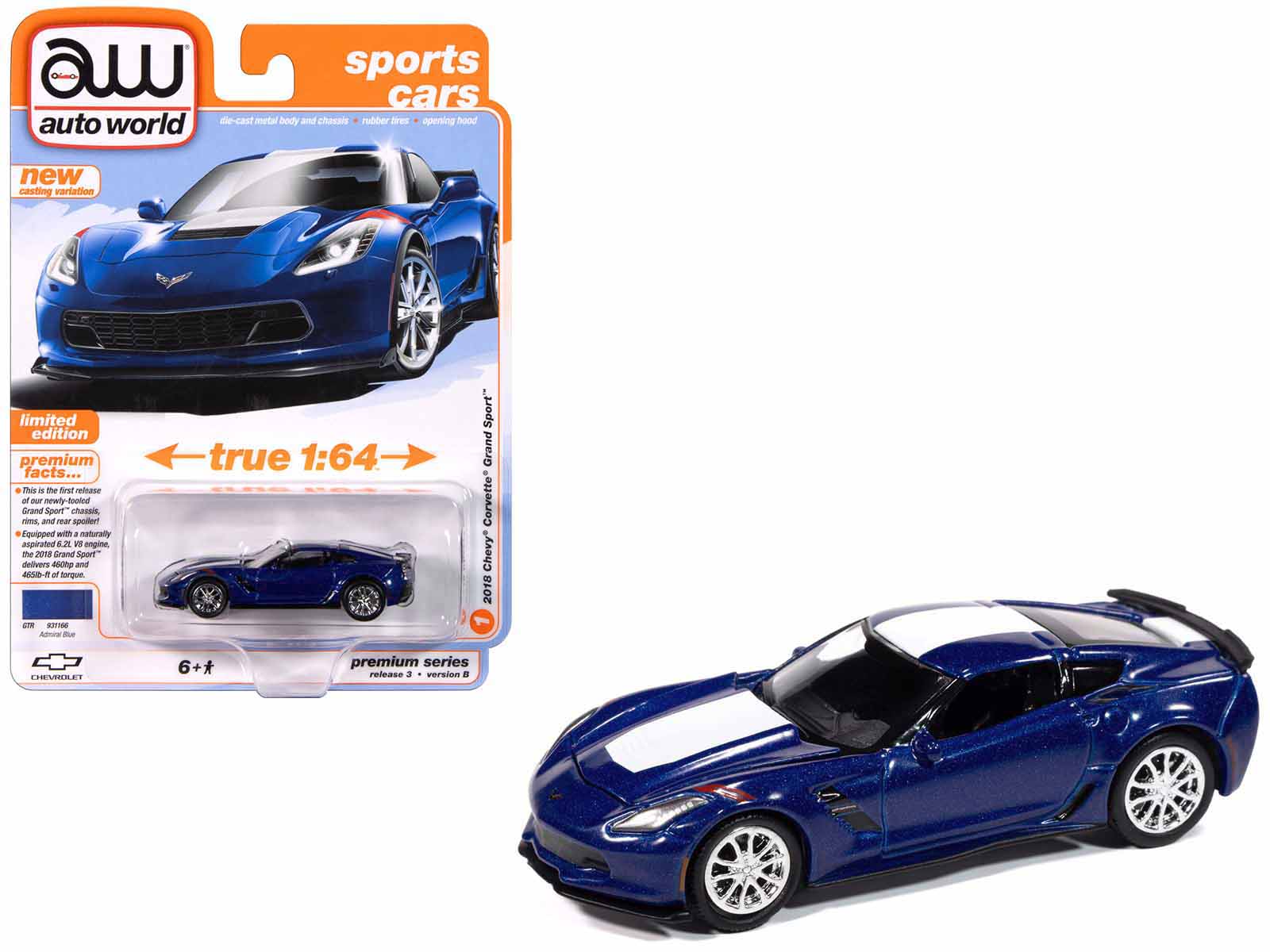 2018 Chevrolet Corvette Grand Sport Admiral Blue with White Stripe "Sports Cars" Series 1/64 Diecast Model Car by Auto World