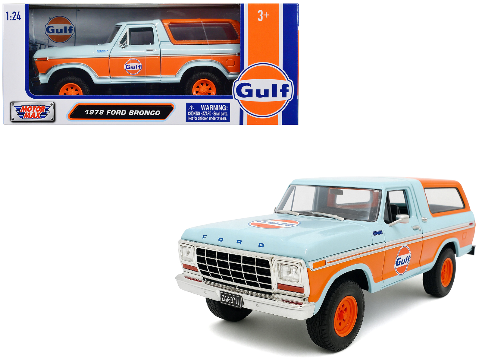 1978 Ford Bronco Light Blue and Orange "Gulf Oil" "Gulf Die-Cast Collection" 1/24 Diecast Model Car by Motormax